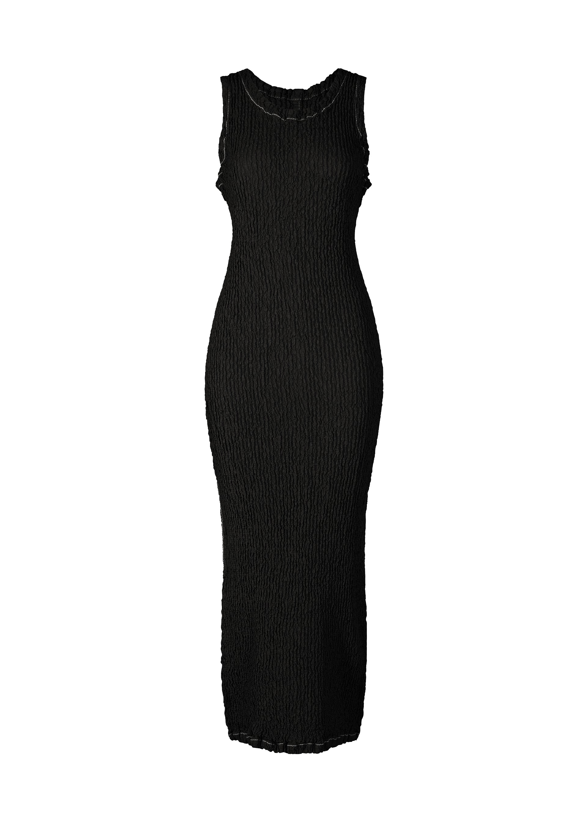 Zoomed view The WAVELET ENSEMBLE by ISSEY MIYAKE is a sleeveless, form-fitting black midi dress made from jacquard stretch ribbed polyester, shown on a white background. - BLACK (no.15)