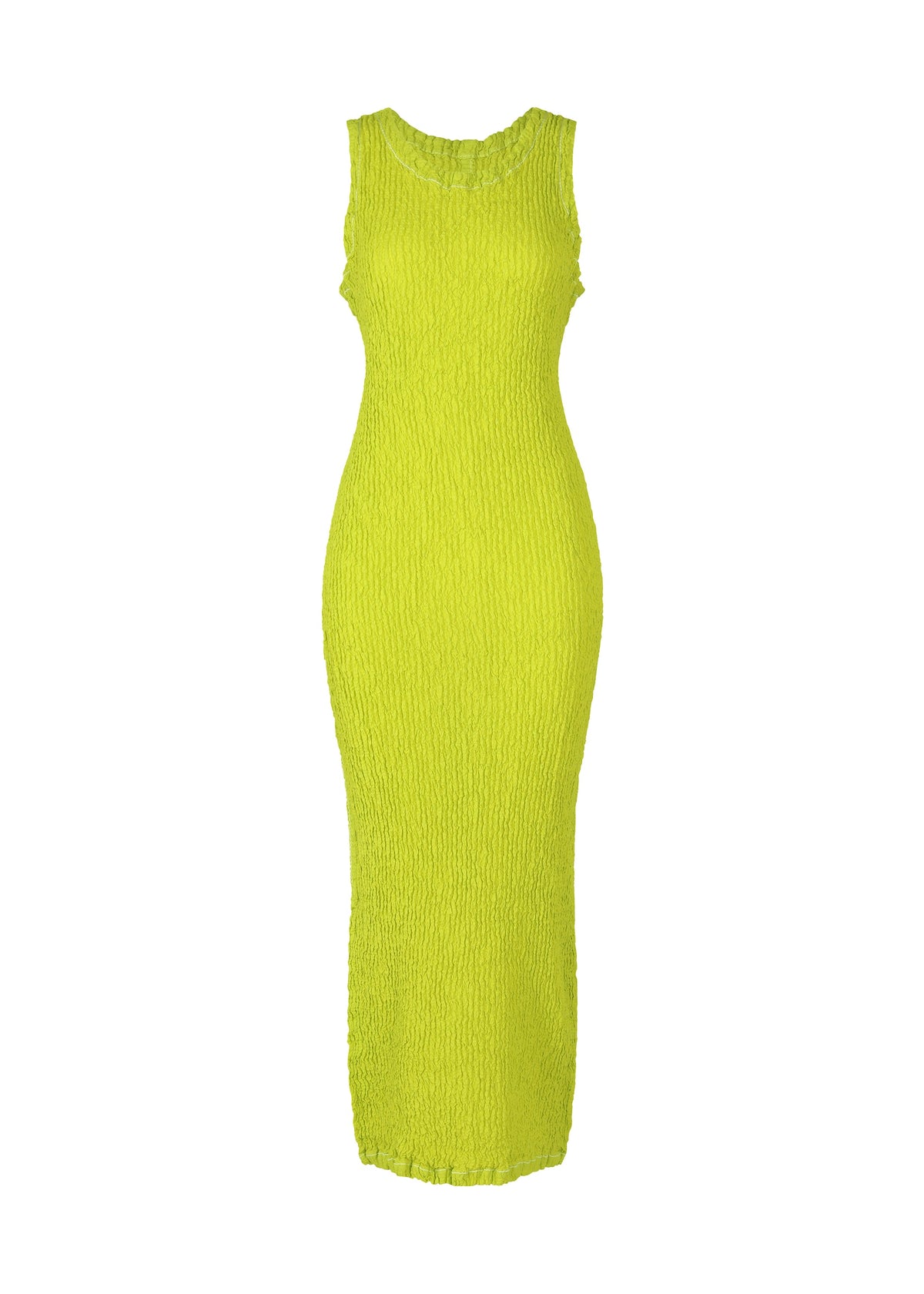 The WAVELET ENSEMBLE by ISSEY MIYAKE is a sleeveless, bright yellow-green jacquard stretch maxi dress with a fitted crinkled texture and round neckline, made from lightweight polyester, shown against a plain white background. view 3 of 6
