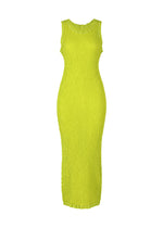 The WAVELET ENSEMBLE by ISSEY MIYAKE is a sleeveless, bright yellow-green jacquard stretch maxi dress with a fitted crinkled texture and round neckline, made from lightweight polyester, shown against a plain white background. - PARAKEET GREEN (no.64)