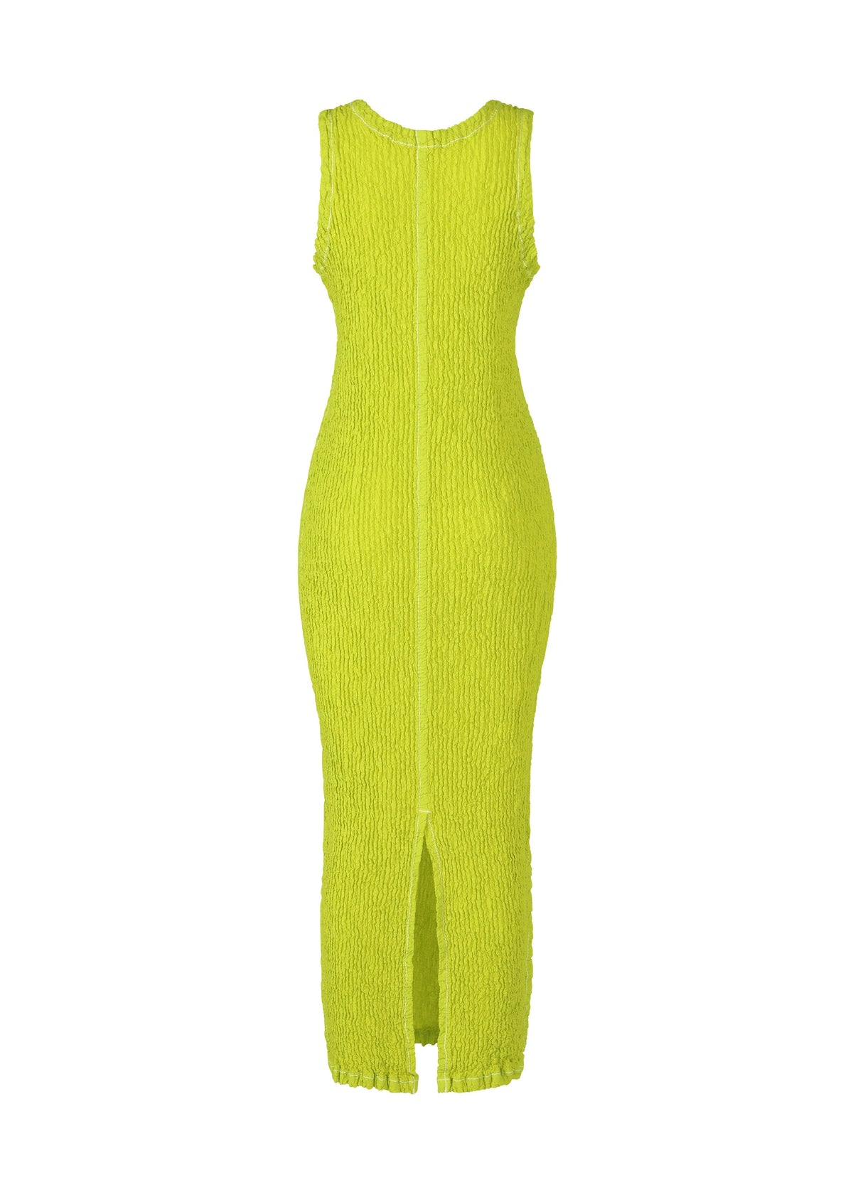 The WAVELET ENSEMBLE by ISSEY MIYAKE is a sleeveless neon yellow jacquard stretch midi dress, shown from the back, with a fitted silhouette and center hem slit. view 4 of 6