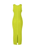 The WAVELET ENSEMBLE by ISSEY MIYAKE is a sleeveless neon yellow jacquard stretch midi dress, shown from the back, with a fitted silhouette and center hem slit.