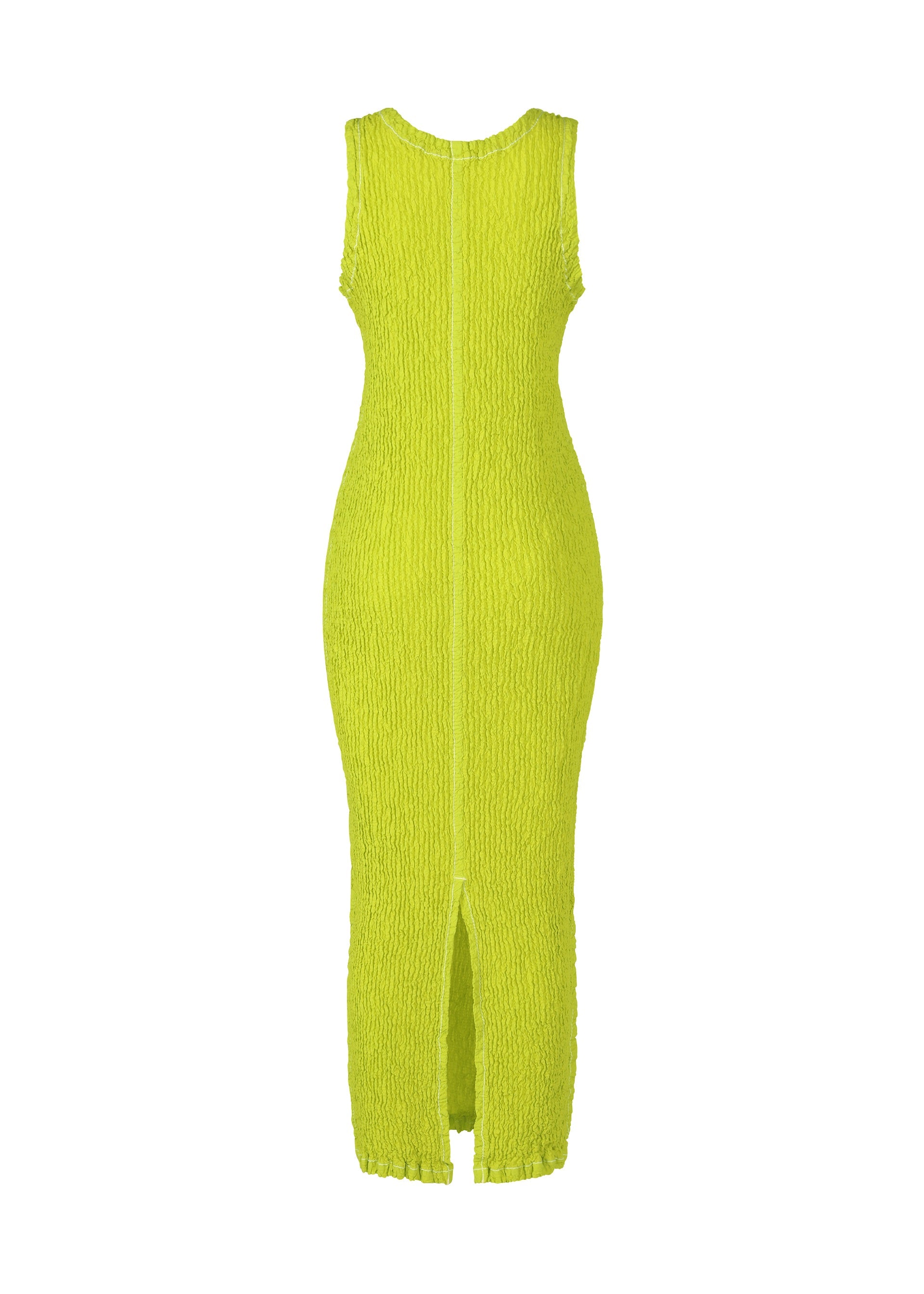 Zoomed view The WAVELET ENSEMBLE by ISSEY MIYAKE is a sleeveless neon yellow jacquard stretch midi dress, shown from the back, with a fitted silhouette and center hem slit.