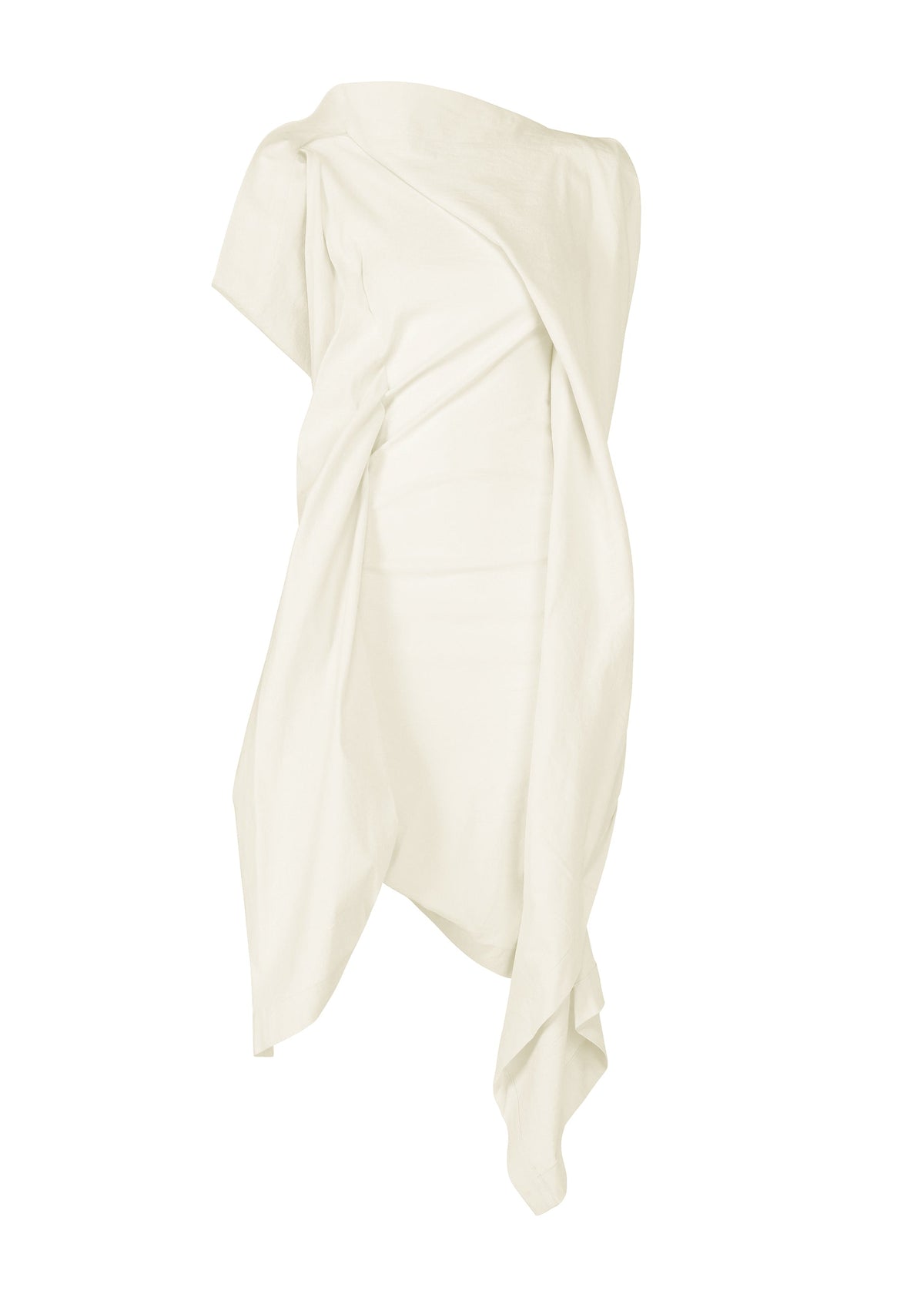 CONCEALED by ISSEY MIYAKE is an off-white, asymmetrical textured cotton dress with one exposed shoulder, draped fabric, flowing lines, and an uneven hem for a sculptural look. view 1 of 5