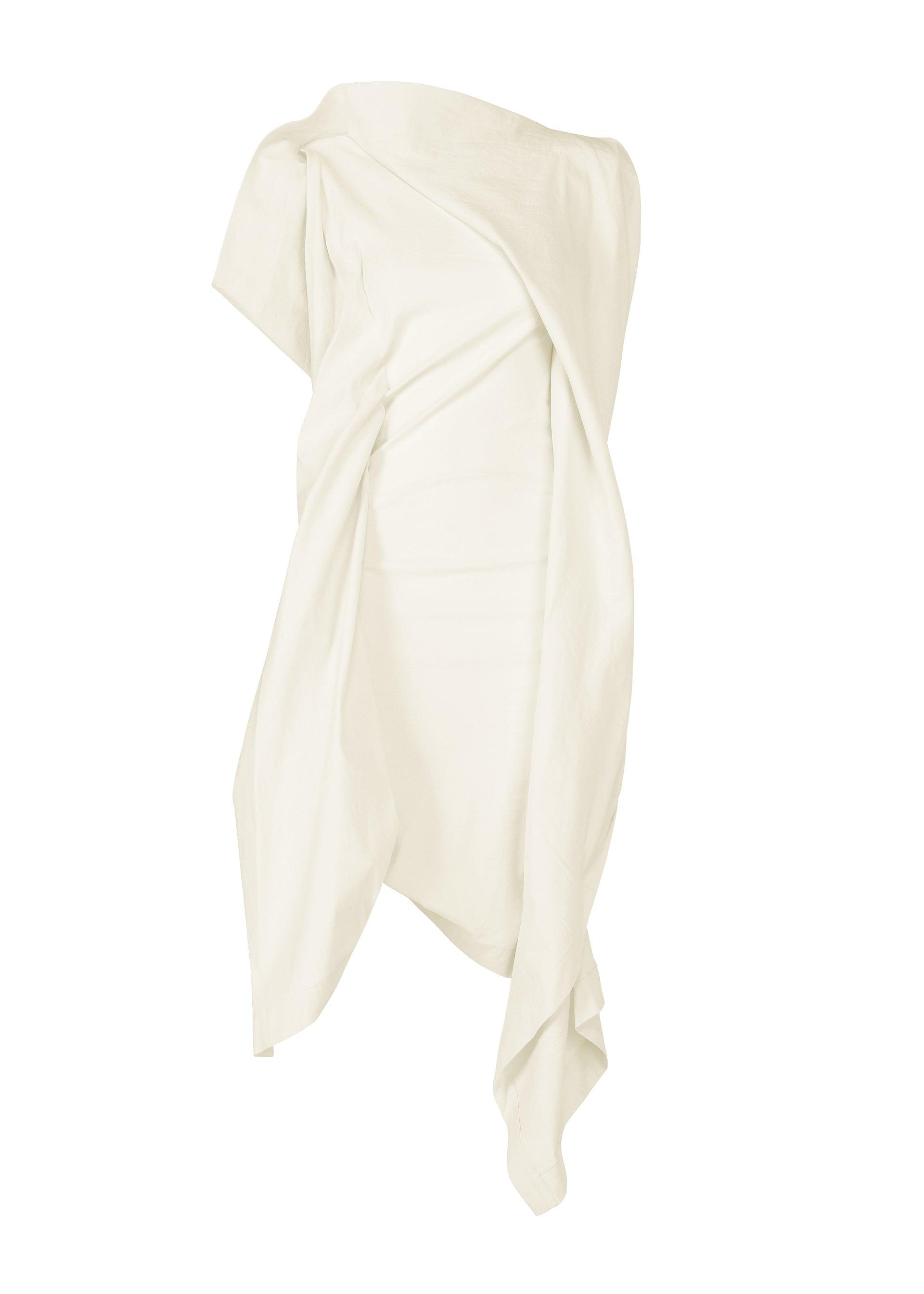Zoomed view CONCEALED by ISSEY MIYAKE is an off-white, asymmetrical textured cotton dress with one exposed shoulder, draped fabric, flowing lines, and an uneven hem for a sculptural look. - WHITE （no.01）