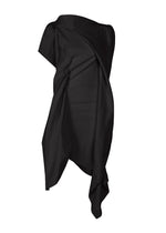 The ISSEY MIYAKE CONCEALED dress, in black, features a body-hugging asymmetrical strapless design with draped, flowing fabric and an uneven hemline, showcased against a plain white background. - BLACK （no.15）