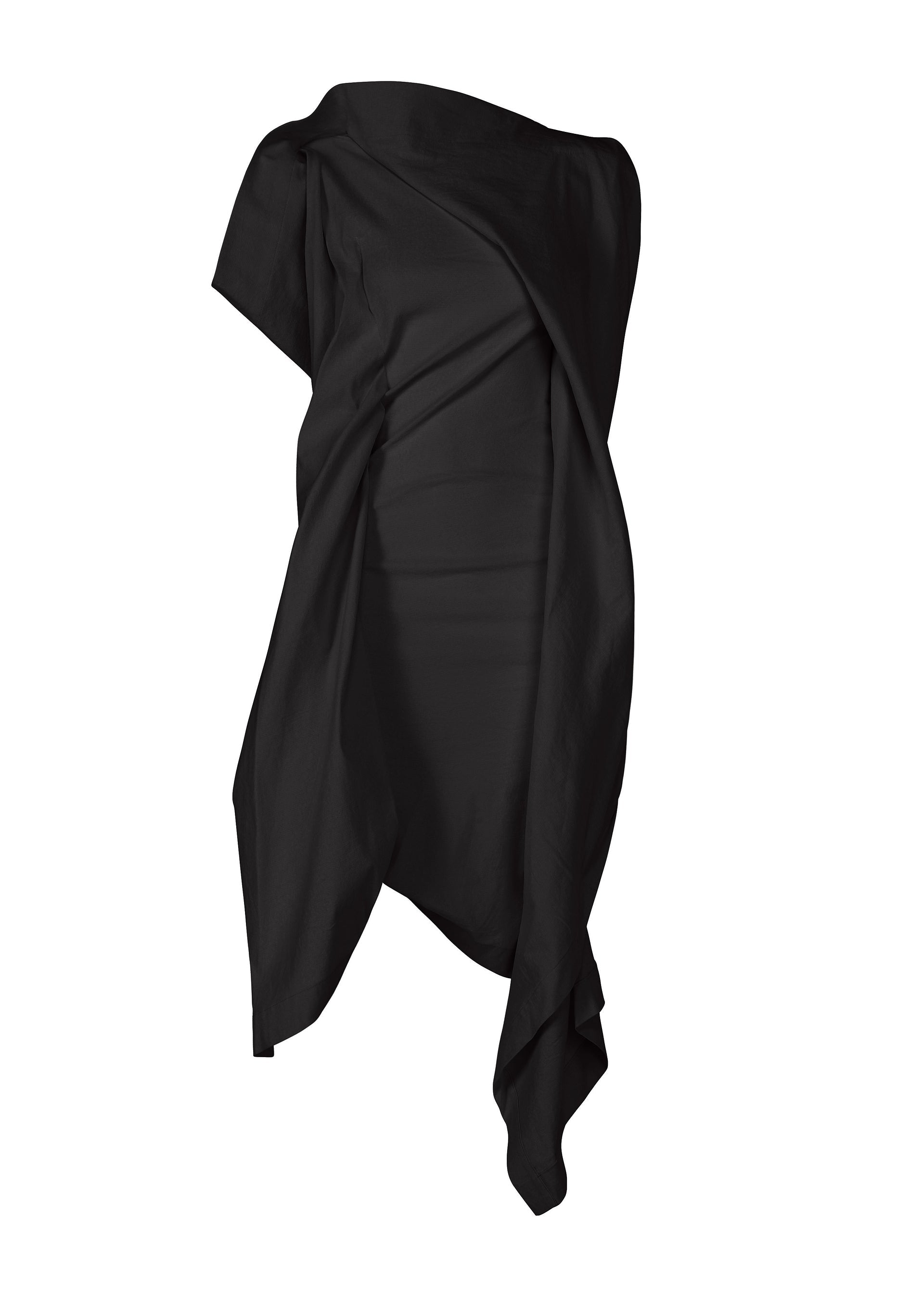 Zoomed view The ISSEY MIYAKE CONCEALED dress, in black, features a body-hugging asymmetrical strapless design with draped, flowing fabric and an uneven hemline, showcased against a plain white background. - BLACK （no.15）