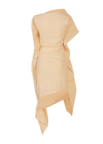 The CONCEALED dress by ISSEY MIYAKE features beige Japanese Washi fabric, an asymmetrical silhouette, draped layers, and an uneven hemline, displayed against a plain white background.