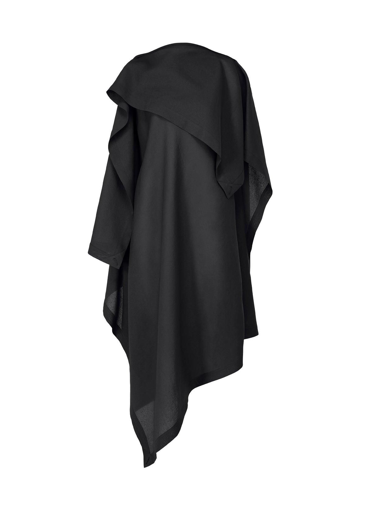 ALL SQUARES by ISSEY MIYAKE: a loose-fitting black asymmetrical garment in ultra-fine polyester, featuring layered fabric and an uneven hemline, displayed on a hanger against a white background. view 2 of 8