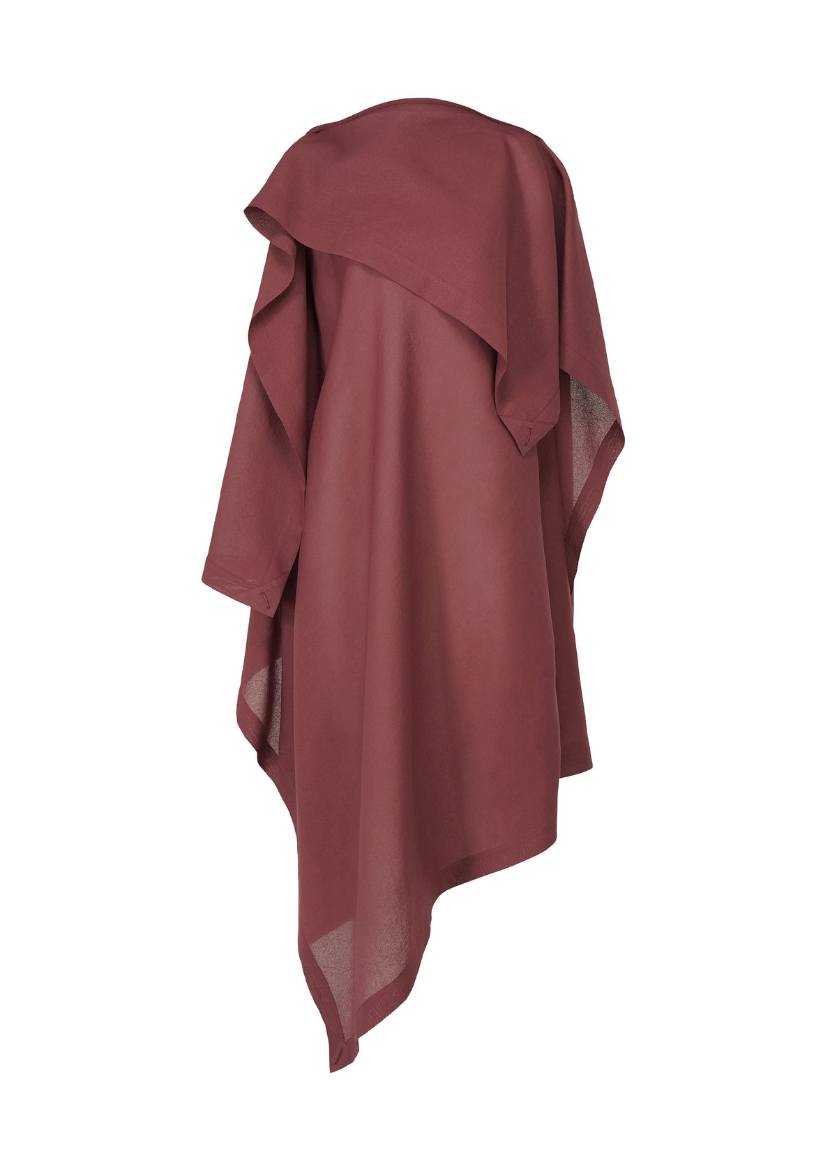 The ISSEY MIYAKE ALL SQUARES is a burgundy asymmetrical draped shawl or poncho made from ultra-fine polyester with soft, flowing fabric, shown on a plain white background. view 3 of 8