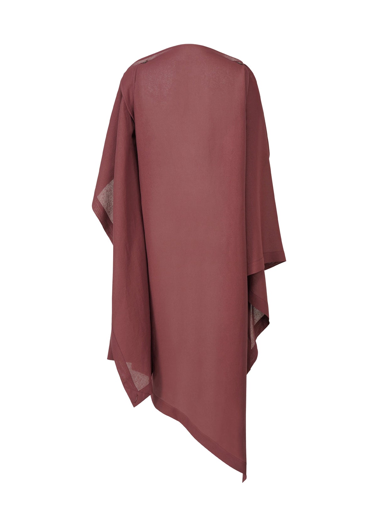 The ISSEY MIYAKE ALL SQUARES cape, in dark mauve, features a long and loose fit with wide sleeves, an asymmetrical hem, and ultra-fine polyester fabric. It is shown against a plain white background. view 4 of 8