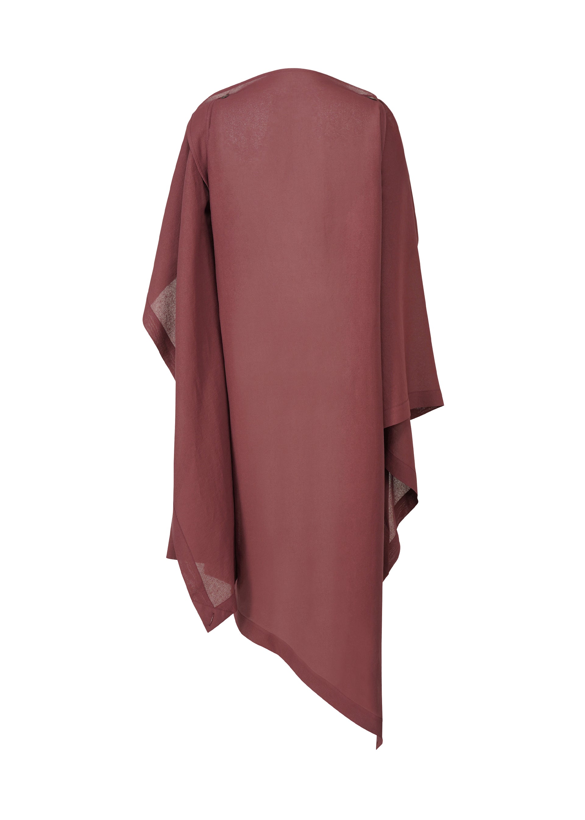 Zoomed view The ISSEY MIYAKE ALL SQUARES cape, in dark mauve, features a long and loose fit with wide sleeves, an asymmetrical hem, and ultra-fine polyester fabric. It is shown against a plain white background.