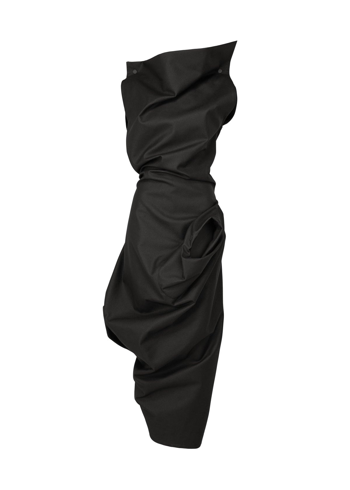 The PEU FORM³ dress by ISSEY MIYAKE features sculptural black artificial leather with dramatic, gathered, and draped fabric creating an asymmetrical silhouette, showcased against a plain white background for Autumn Winter 2025/26. view 1 of 6