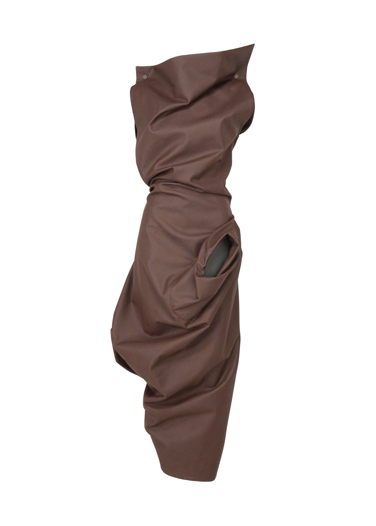 The PEU FORM³ dress by ISSEY MIYAKE is a brown sculptural artificial leather piece from the Autumn Winter 2025/26 Collection, featuring draped structured fabric, an asymmetric cut, and a large circular side opening, shown on a white background. view 2 of 6