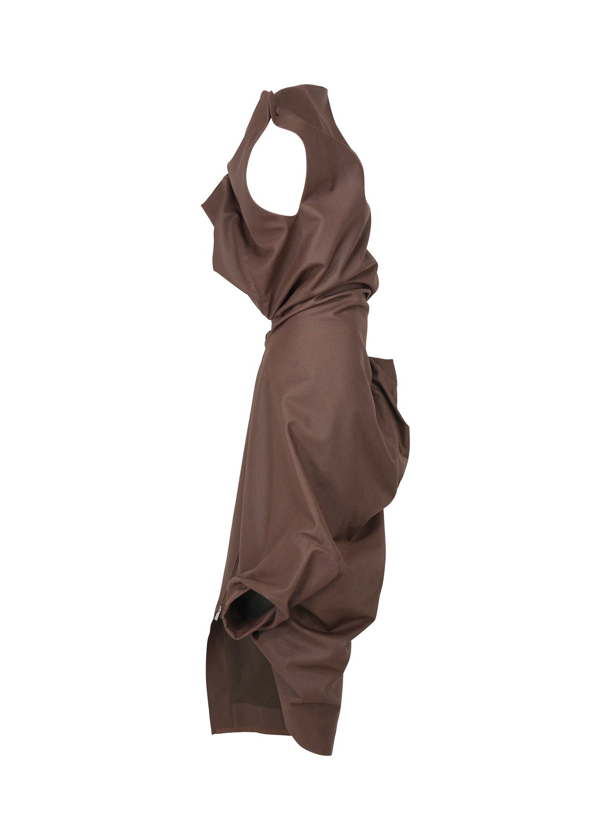 The ISSEY MIYAKE PEU FORM³ is a sleeveless, asymmetrical brown faux-leather dress from the Autumn Winter 2025/26 Collection, featuring a high neckline, gathered draping, and sculptural side ruching, shown on a plain white background. view 4 of 6