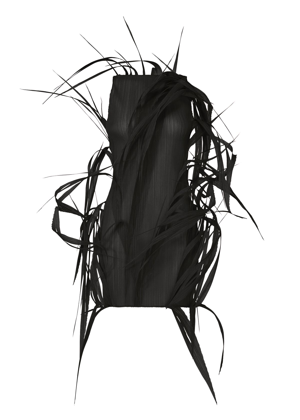 The ISSEY MIYAKE "URBAN JUNGLE" is a black sleeveless sculptural dress with jagged, feather-like extensions on the bodice and sides, creating a striking avant-garde silhouette against a white background. view 1 of 7