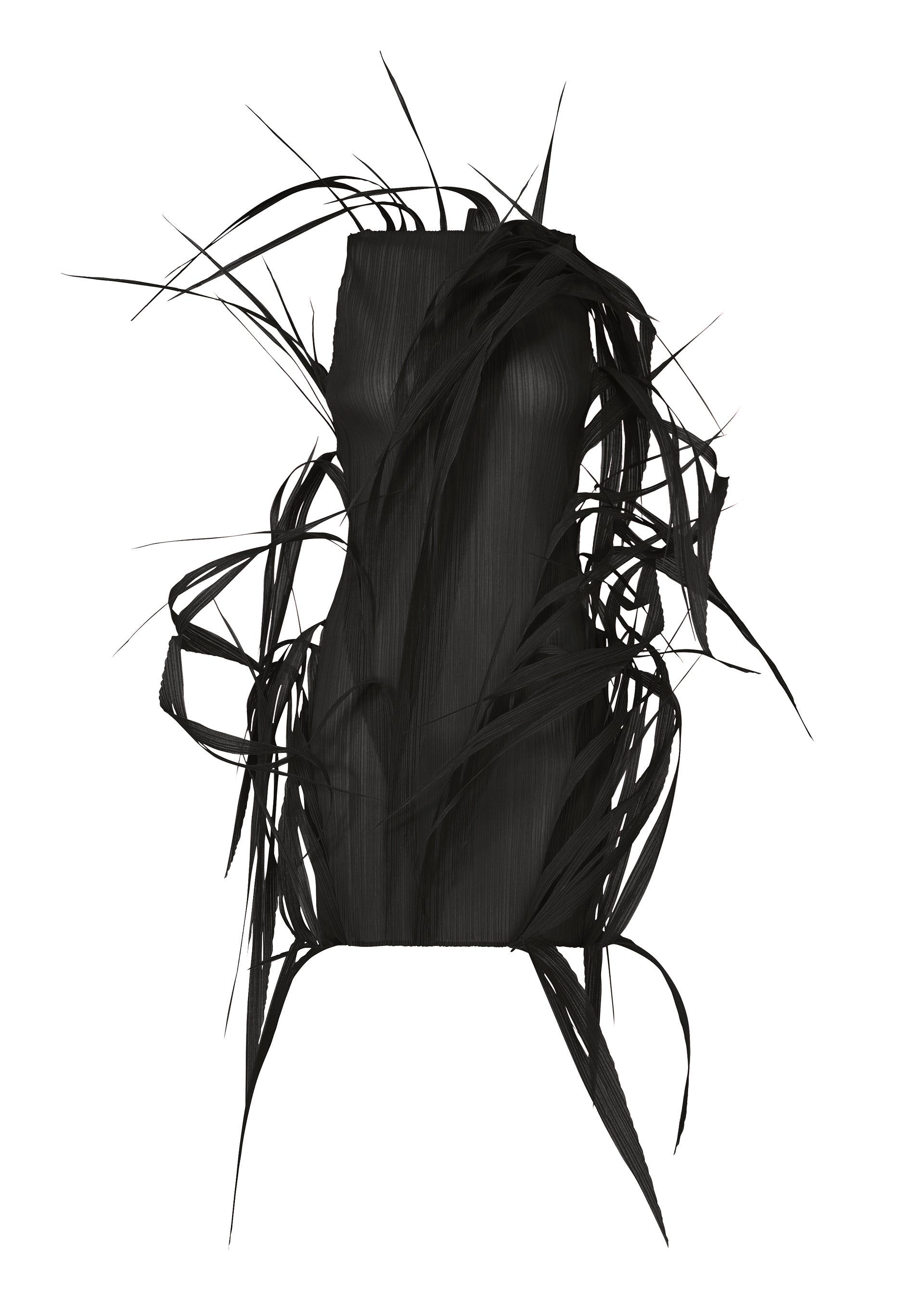 Zoomed view The ISSEY MIYAKE "URBAN JUNGLE" is a black sleeveless sculptural dress with jagged, feather-like extensions on the bodice and sides, creating a striking avant-garde silhouette against a white background. - BLACK （no.15）