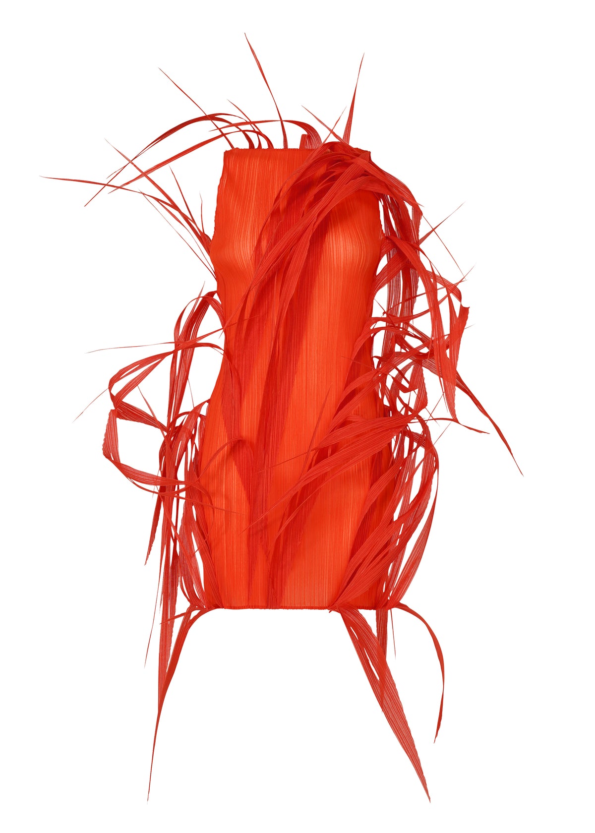 The URBAN JUNGLE dress by ISSEY MIYAKE is a vibrant red, strapless, sculptural piece with bold, spiky feather-like accents radiating outward, shown against a plain white background. view 3 of 7