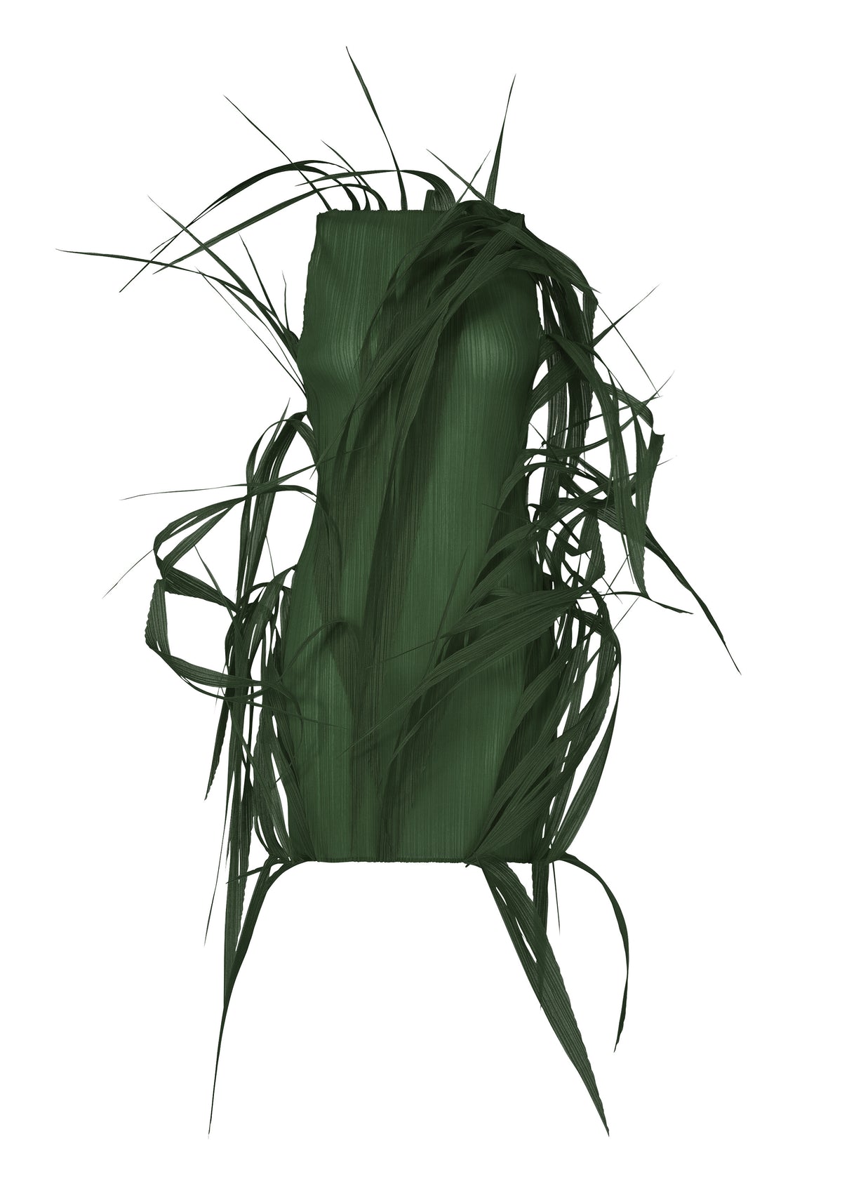 The ISSEY MIYAKE URBAN JUNGLE is a strapless green dress featuring pleated textures and dramatic, leafy fringe radiating outward, evoking a bold, sculpted look. view 2 of 7