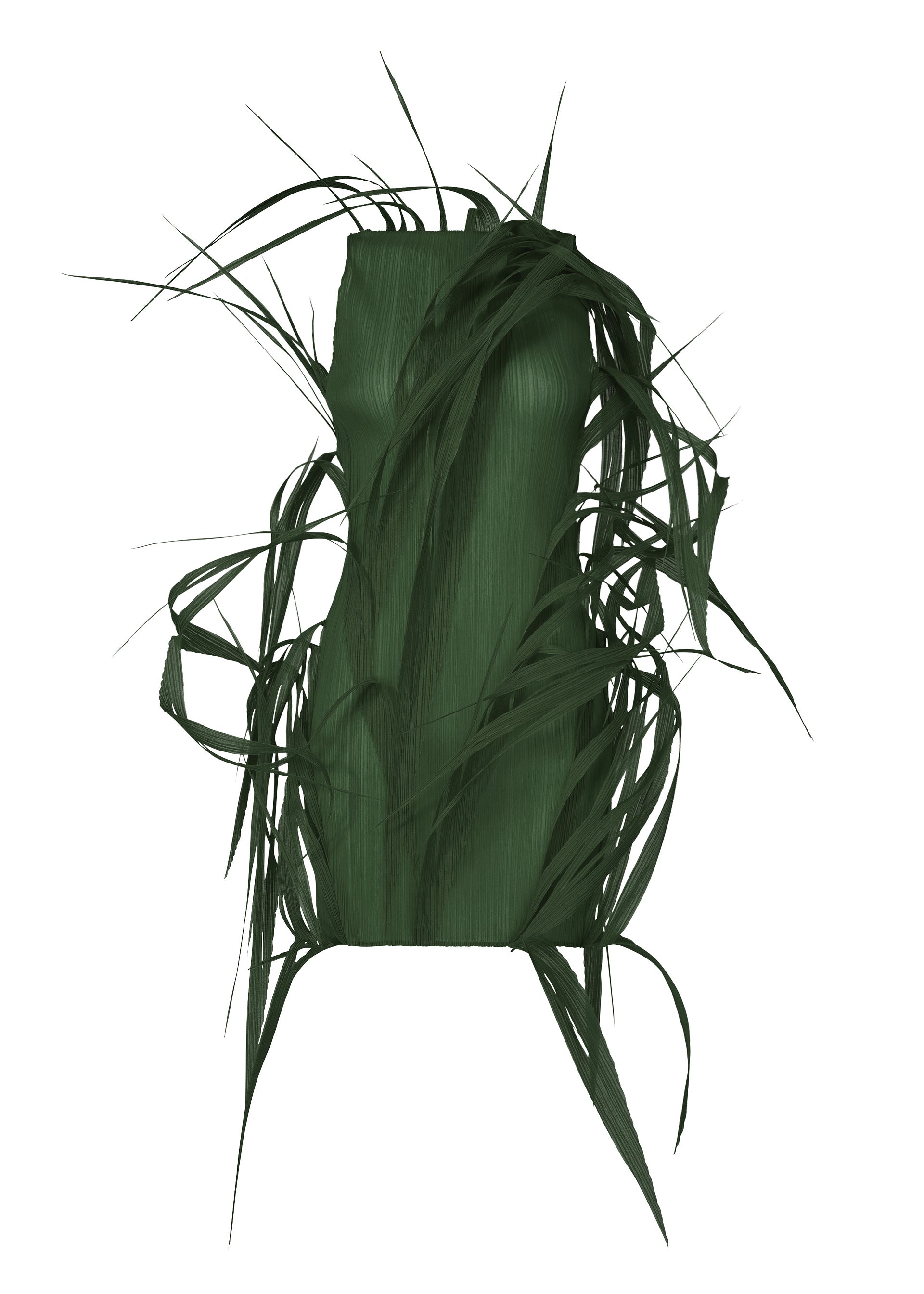 Zoomed view The ISSEY MIYAKE URBAN JUNGLE is a strapless green dress featuring pleated textures and dramatic, leafy fringe radiating outward, evoking a bold, sculpted look. - DARK GREEN （no.63）
