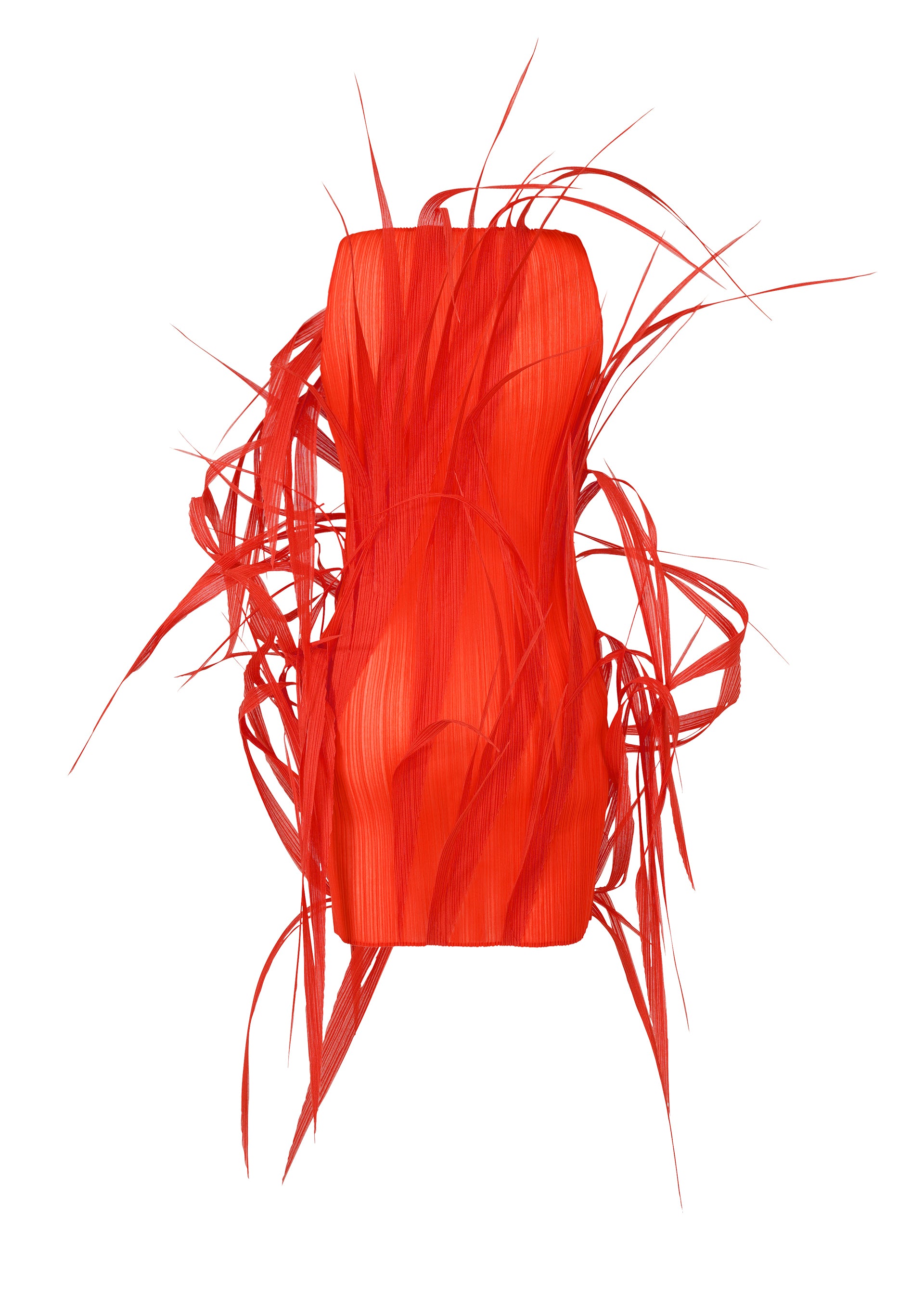 Zoomed view The ISSEY MIYAKE URBAN JUNGLE is a strapless, bright red mini dress featuring a fitted bodice and bold, spiky feather-like accents that extend outward for a dramatic effect.