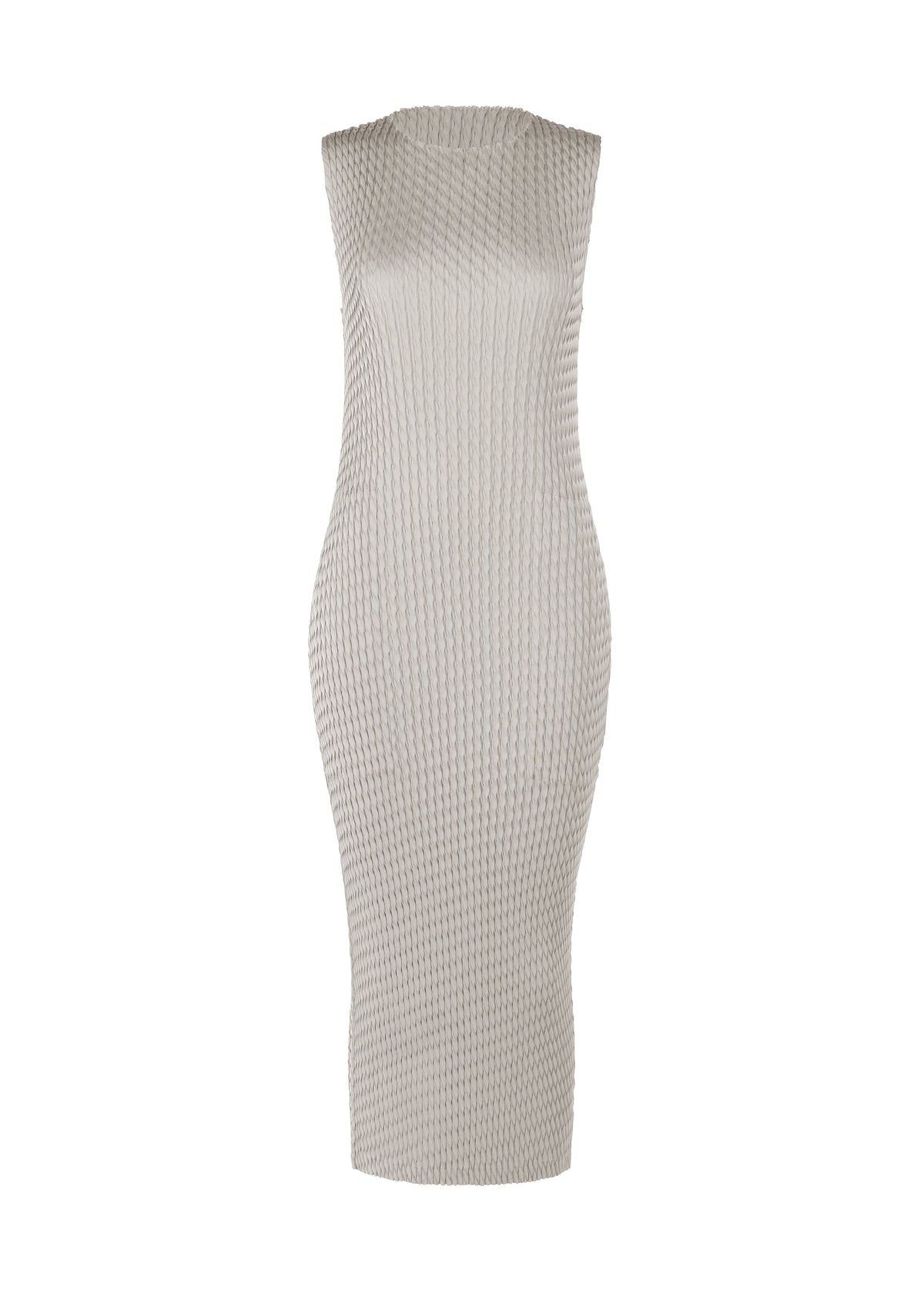 The SLEEK PLEATS dress by ISSEY MIYAKE is a sleeveless, form-fitting, knee-length design in light gray with a ribbed texture and round neck, shown on a plain white background. view 1 of 6