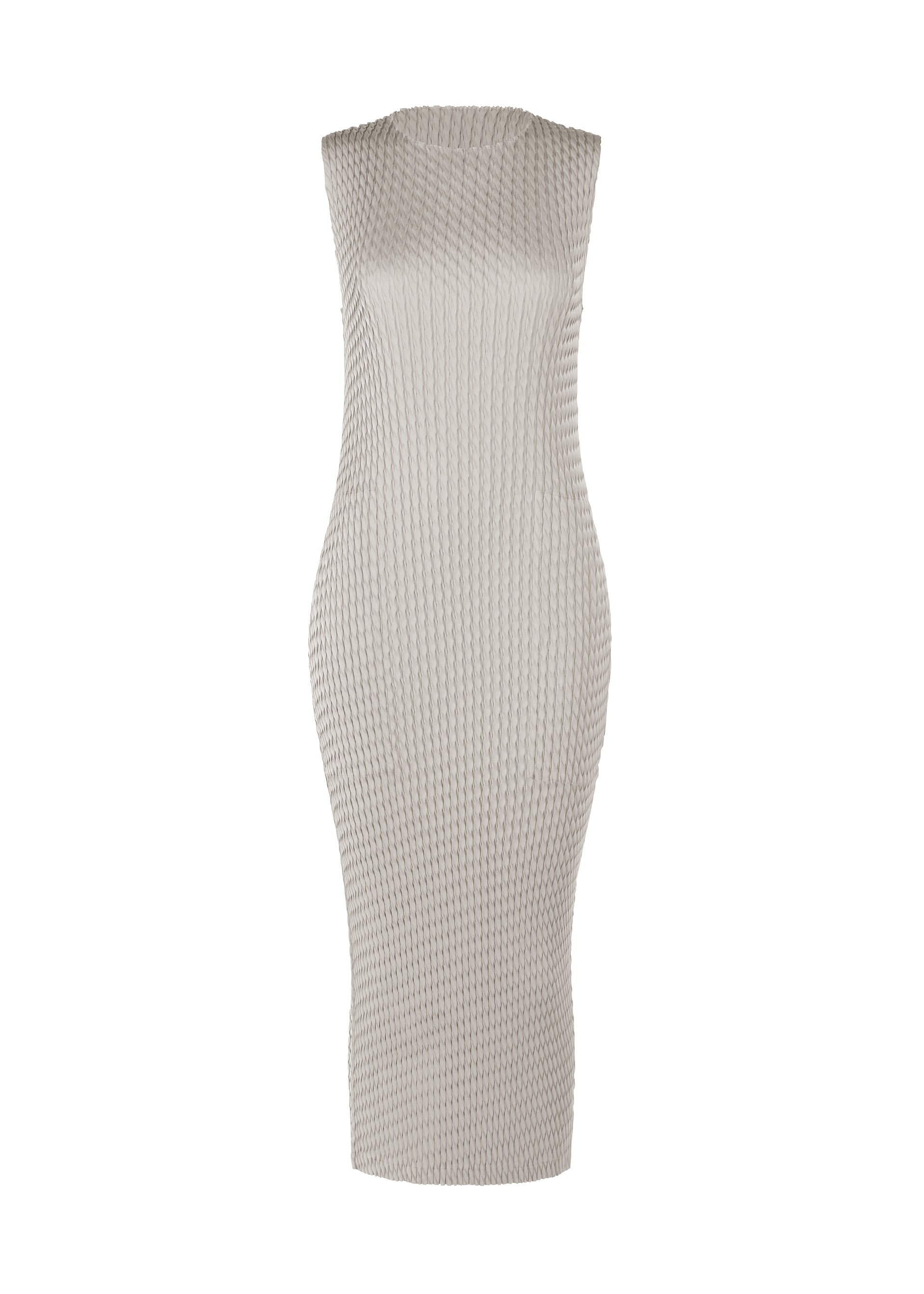 Zoomed view The SLEEK PLEATS dress by ISSEY MIYAKE is a sleeveless, form-fitting, knee-length design in light gray with a ribbed texture and round neck, shown on a plain white background. - LIGHT GRAY （no.11）