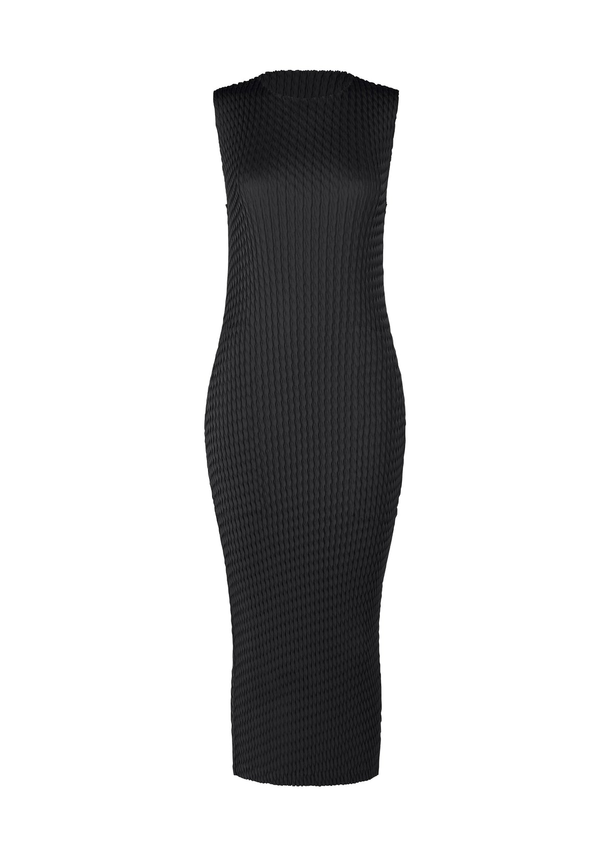 The ISSEY MIYAKE SLEEK PLEATS dress is a sleeveless, form-fitting black polyester piece with a ribbed texture, round neckline, and knee-length hem, shown on a plain white background. view 2 of 6