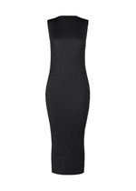 The ISSEY MIYAKE SLEEK PLEATS dress is a sleeveless, form-fitting black polyester piece with a ribbed texture, round neckline, and knee-length hem, shown on a plain white background. - BLACK （no.15）