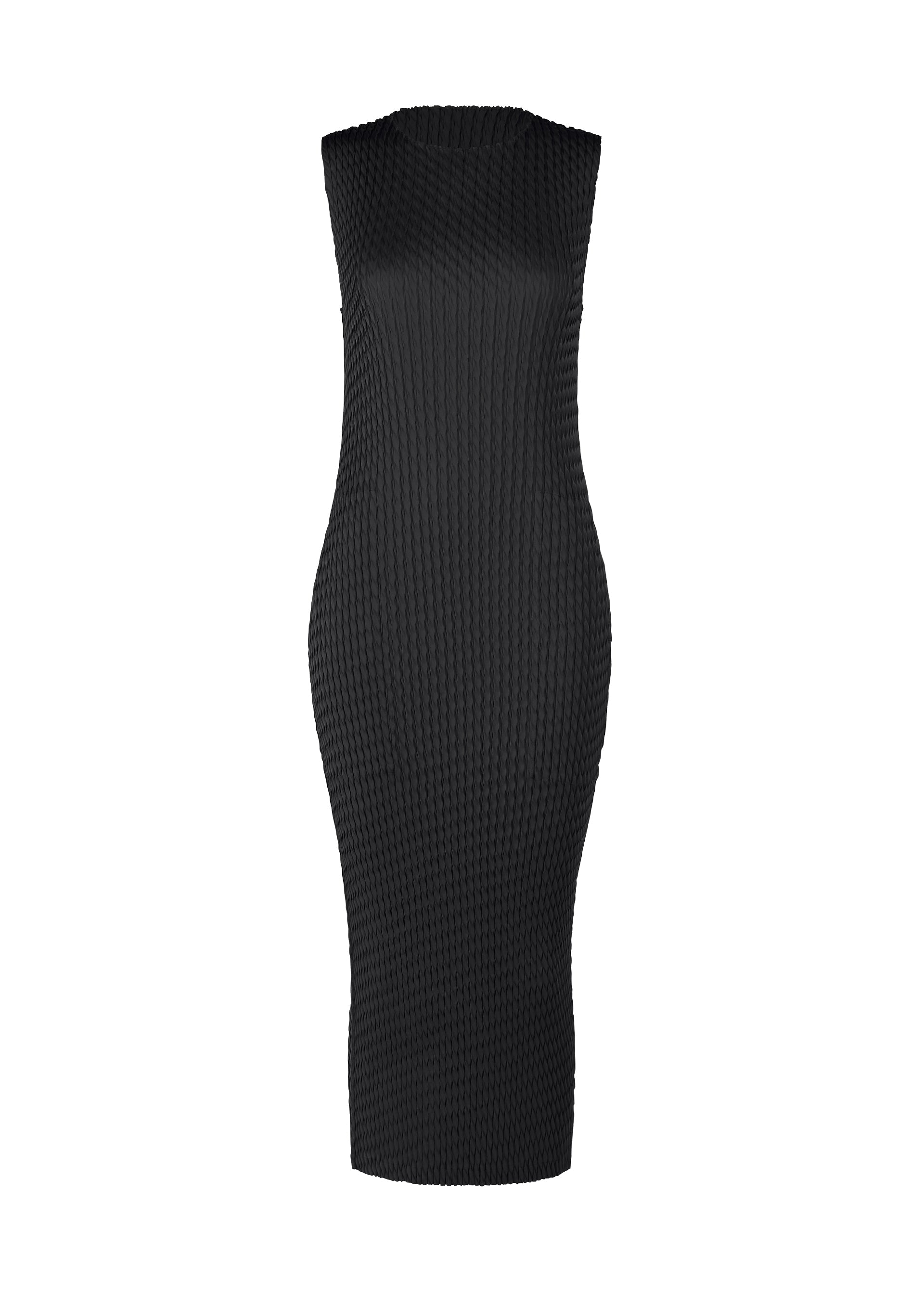 Zoomed view The ISSEY MIYAKE SLEEK PLEATS dress is a sleeveless, form-fitting black polyester piece with a ribbed texture, round neckline, and knee-length hem, shown on a plain white background. - BLACK （no.15）