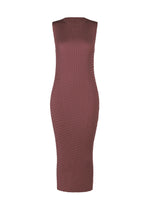 The SLEEK PLEATS by ISSEY MIYAKE is a mauve, ribbed midi dress with a round neck and sleeveless fitted design, featuring vertical textured pleats. Displayed on a white background. - BURGUNDY （no.85）