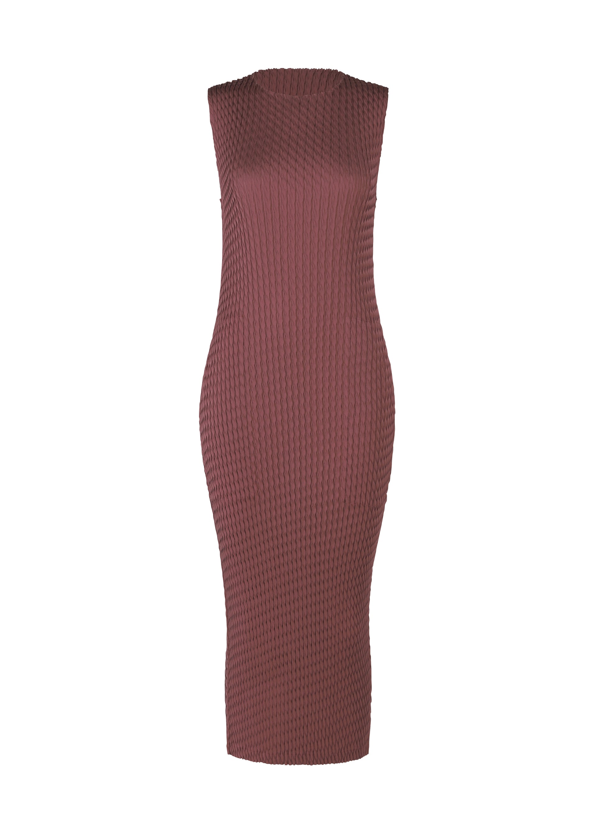 Zoomed view The SLEEK PLEATS by ISSEY MIYAKE is a mauve, ribbed midi dress with a round neck and sleeveless fitted design, featuring vertical textured pleats. Displayed on a white background. - BURGUNDY （no.85）