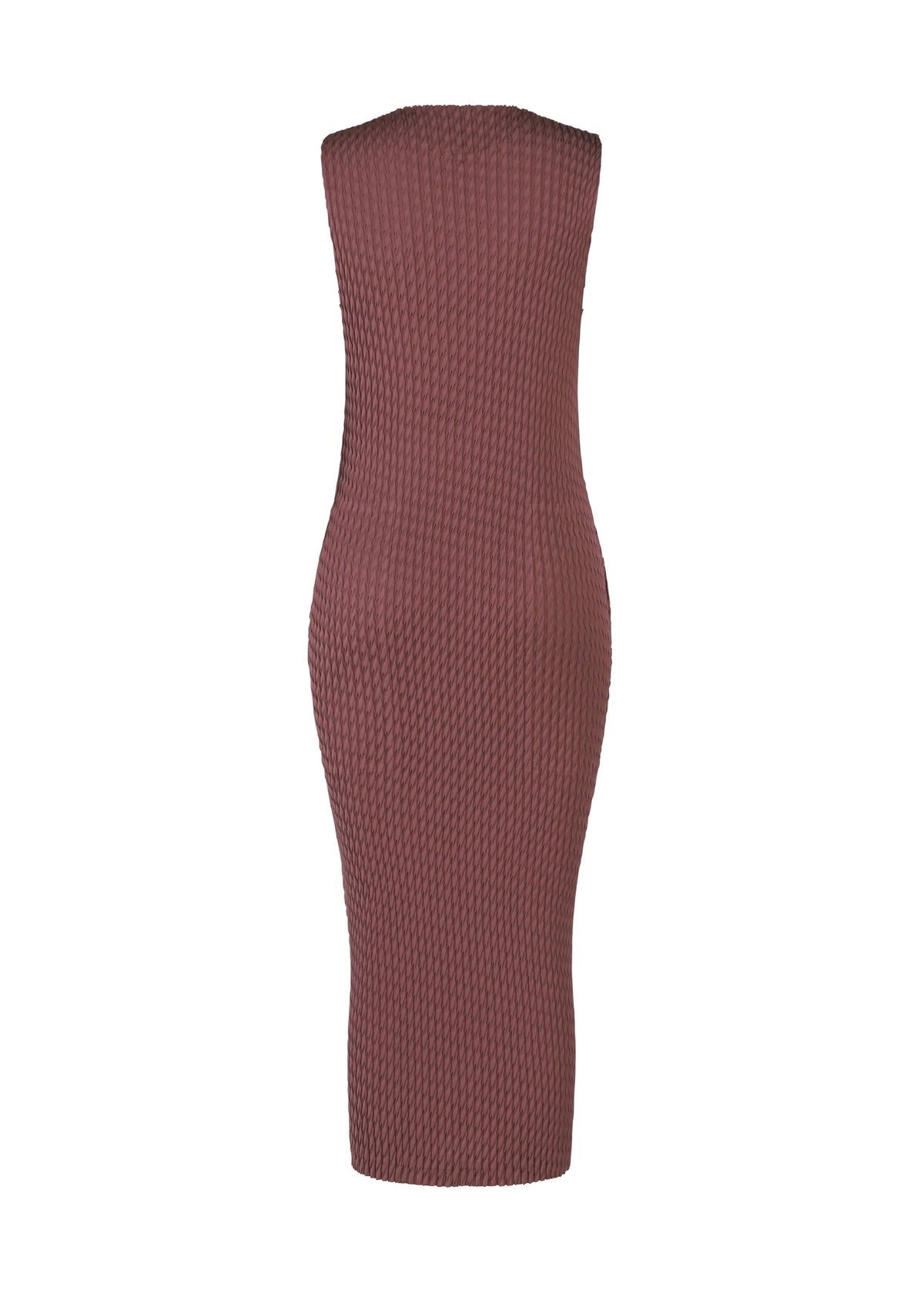 The SLEEK PLEATS mauve sleeveless round-neck midi dress by ISSEY MIYAKE features a form-fitting, ribbed knit design and is displayed from the back against a plain white background. view 4 of 6