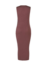 The SLEEK PLEATS mauve sleeveless round-neck midi dress by ISSEY MIYAKE features a form-fitting, ribbed knit design and is displayed from the back against a plain white background.