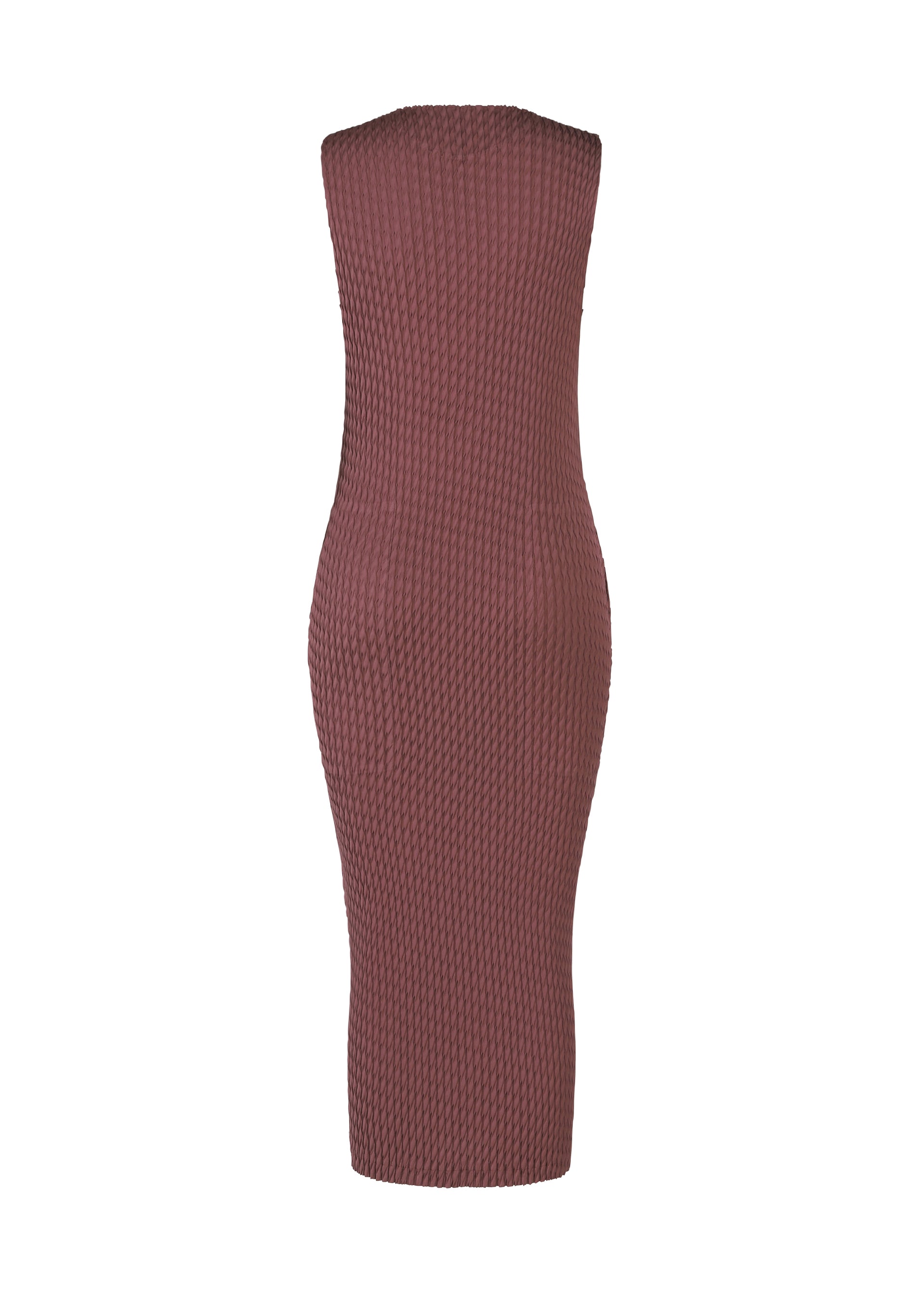 Zoomed view The SLEEK PLEATS mauve sleeveless round-neck midi dress by ISSEY MIYAKE features a form-fitting, ribbed knit design and is displayed from the back against a plain white background.