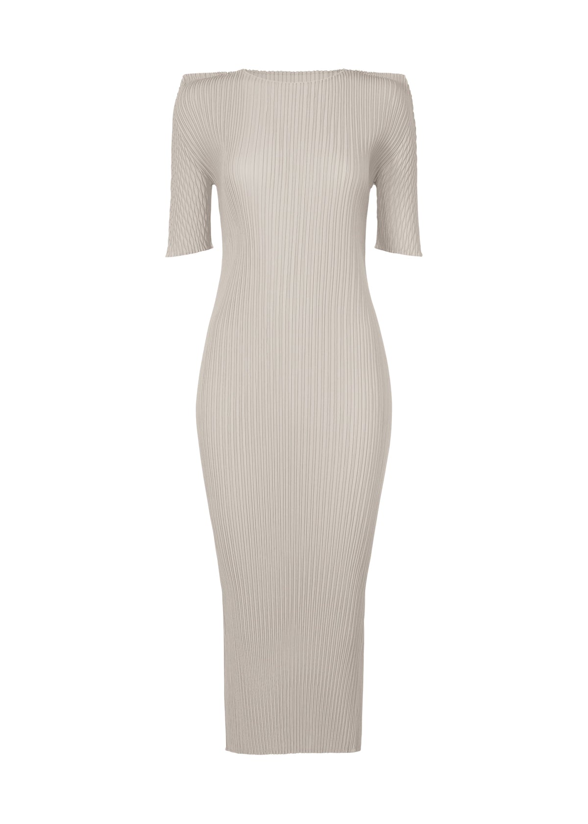 The ISSEY MIYAKE BOX SHOULDER PLEATS is a light beige, ribbed, off-the-shoulder midi dress with short sleeves and subtle box shoulder silhouette, shown on a plain white background. view 1 of 6