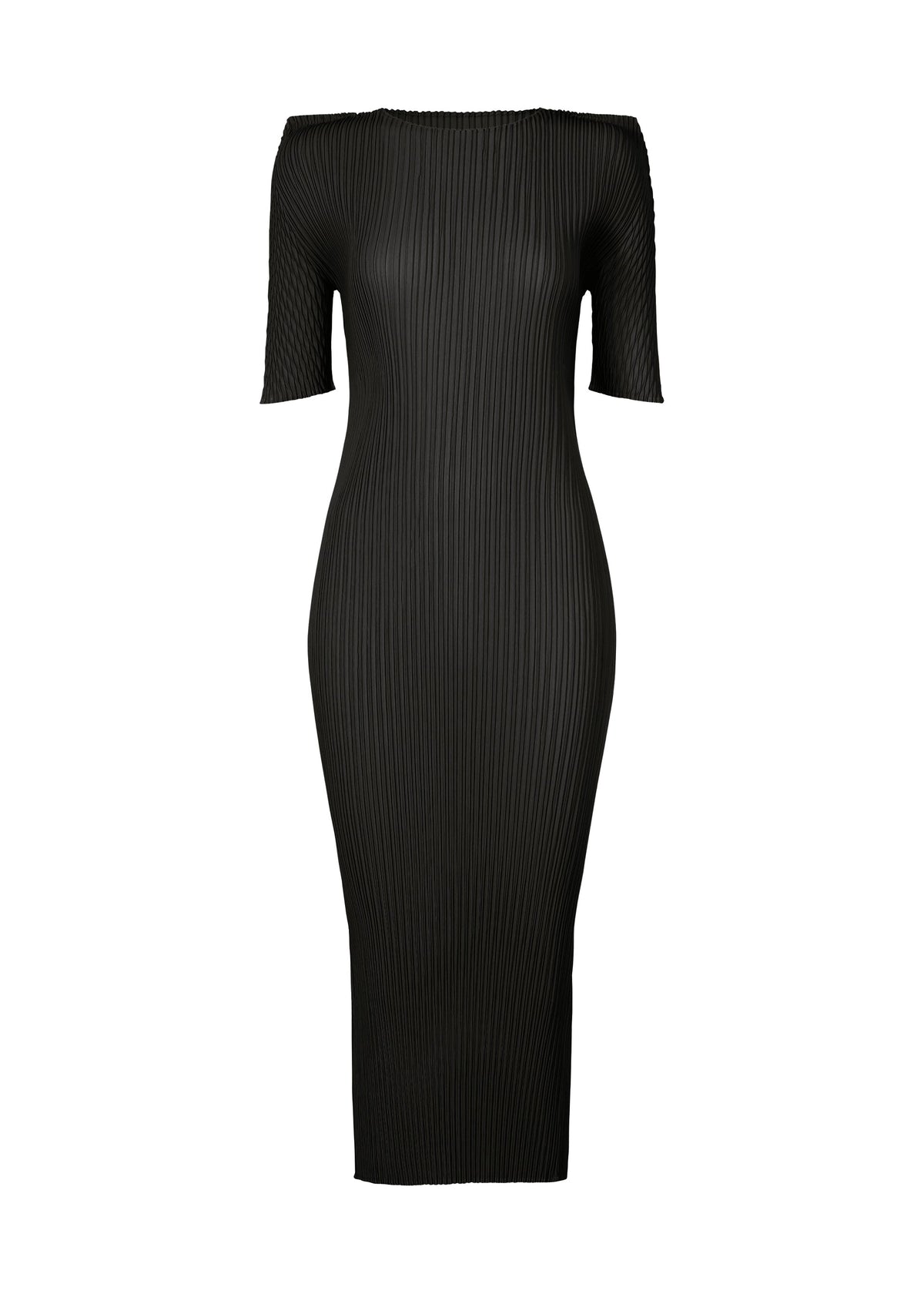 The BOX SHOULDER PLEATS by ISSEY MIYAKE is a black, off-the-shoulder ribbed bodycon midi dress with a subtle box shoulder silhouette and short sleeves, shown against a plain white background. view 2 of 6