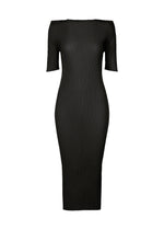 The BOX SHOULDER PLEATS by ISSEY MIYAKE is a black, off-the-shoulder ribbed bodycon midi dress with a subtle box shoulder silhouette and short sleeves, shown against a plain white background. - BLACK （no.15）