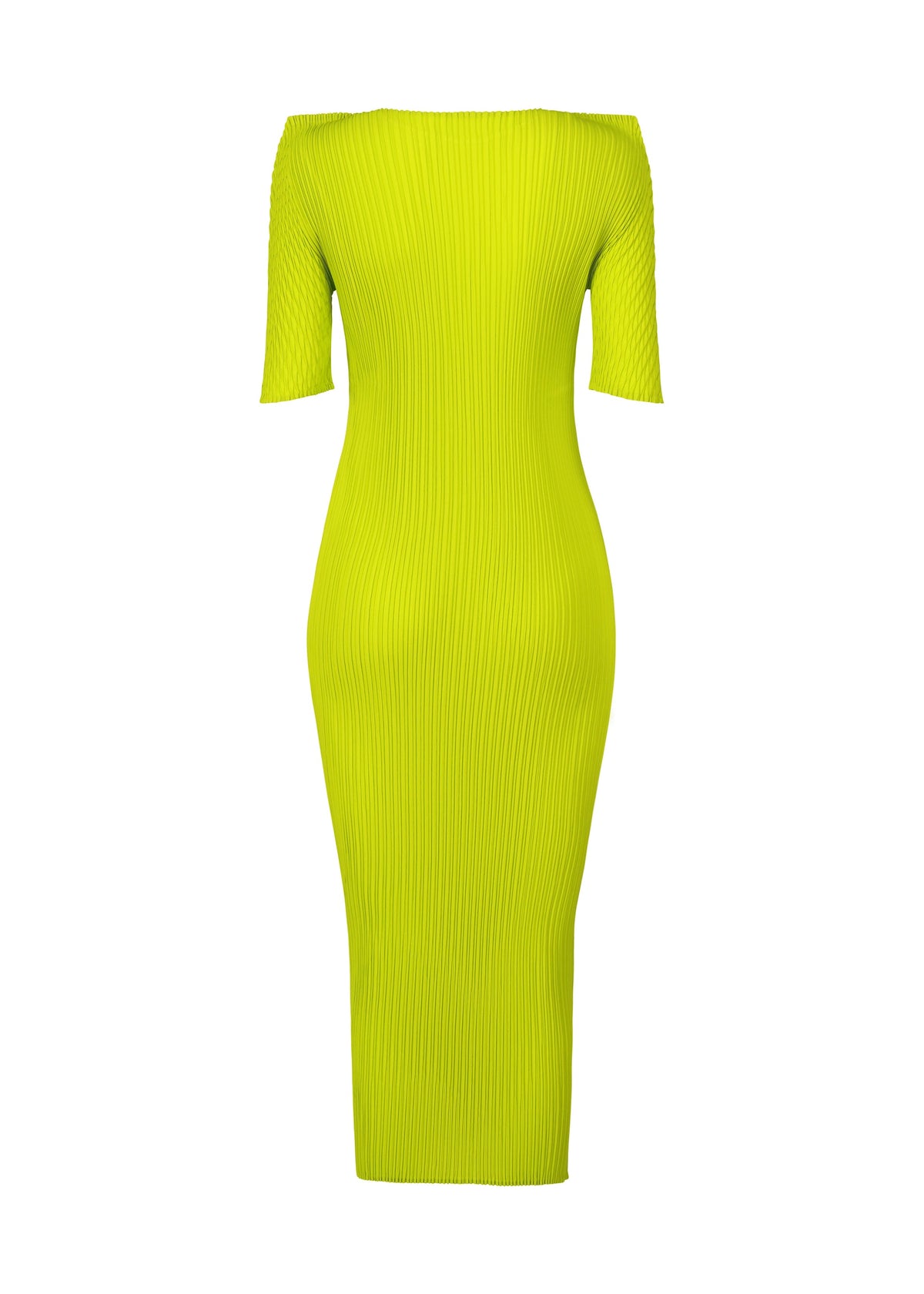 The BOX SHOULDER PLEATS dress by ISSEY MIYAKE is a bright yellow-green, ribbed, knee-length round-neck dress with short sleeves, a fitted silhouette, and subtle box shoulders, displayed on a white background. view 4 of 6