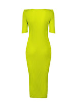 The BOX SHOULDER PLEATS dress by ISSEY MIYAKE is a bright yellow-green, ribbed, knee-length round-neck dress with short sleeves, a fitted silhouette, and subtle box shoulders, displayed on a white background.