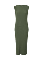 The RHOMBUS PLEATS dress by ISSEY MIYAKE is a sleeveless, olive green ribbed knit midi with a high, straight neckline, sleek silhouette, side slit, and minimalist design for effortless style. - DARK GREEN （no.63）