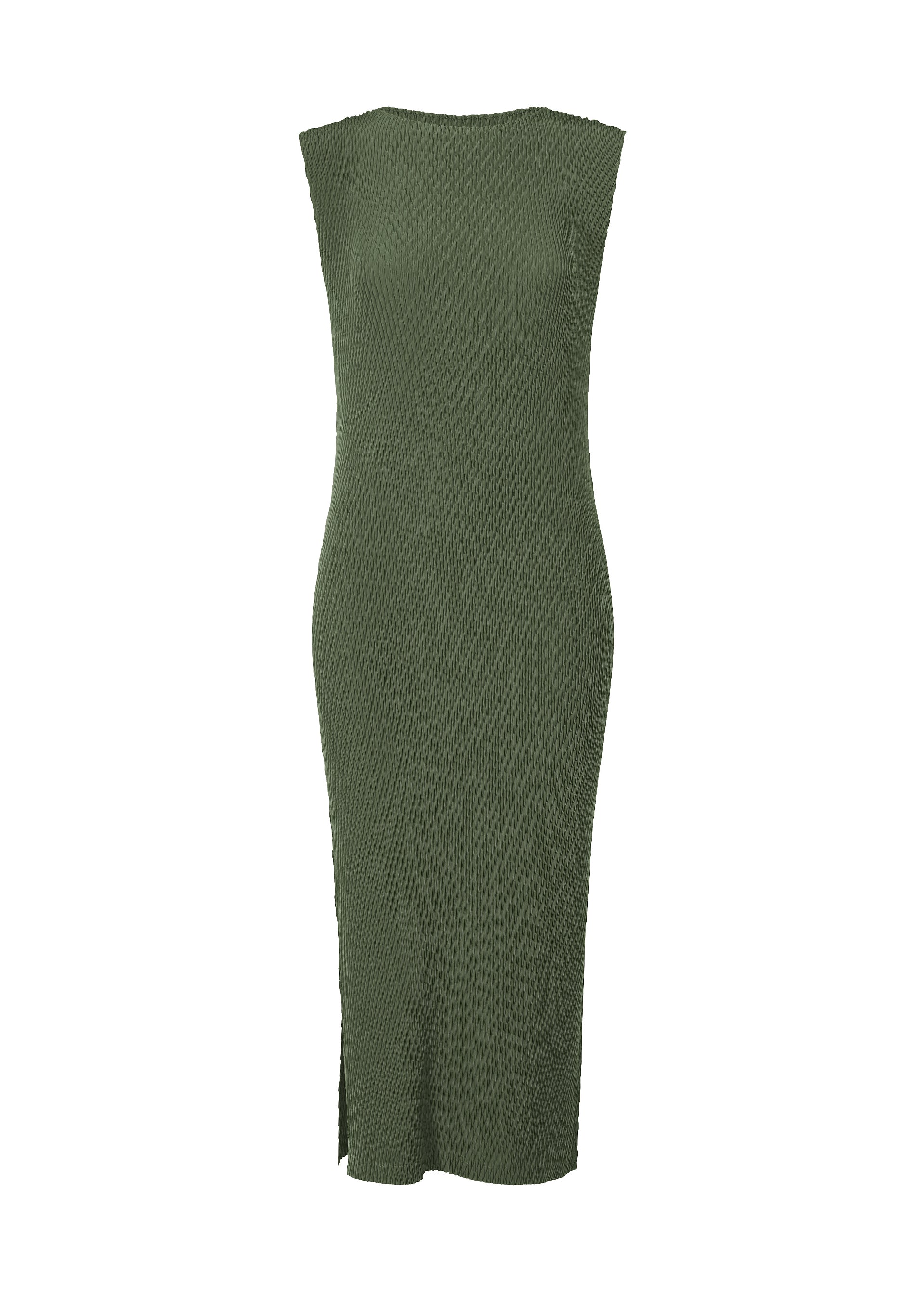 Zoomed view The RHOMBUS PLEATS dress by ISSEY MIYAKE is a sleeveless, olive green ribbed knit midi with a high, straight neckline, sleek silhouette, side slit, and minimalist design for effortless style. - DARK GREEN （no.63）