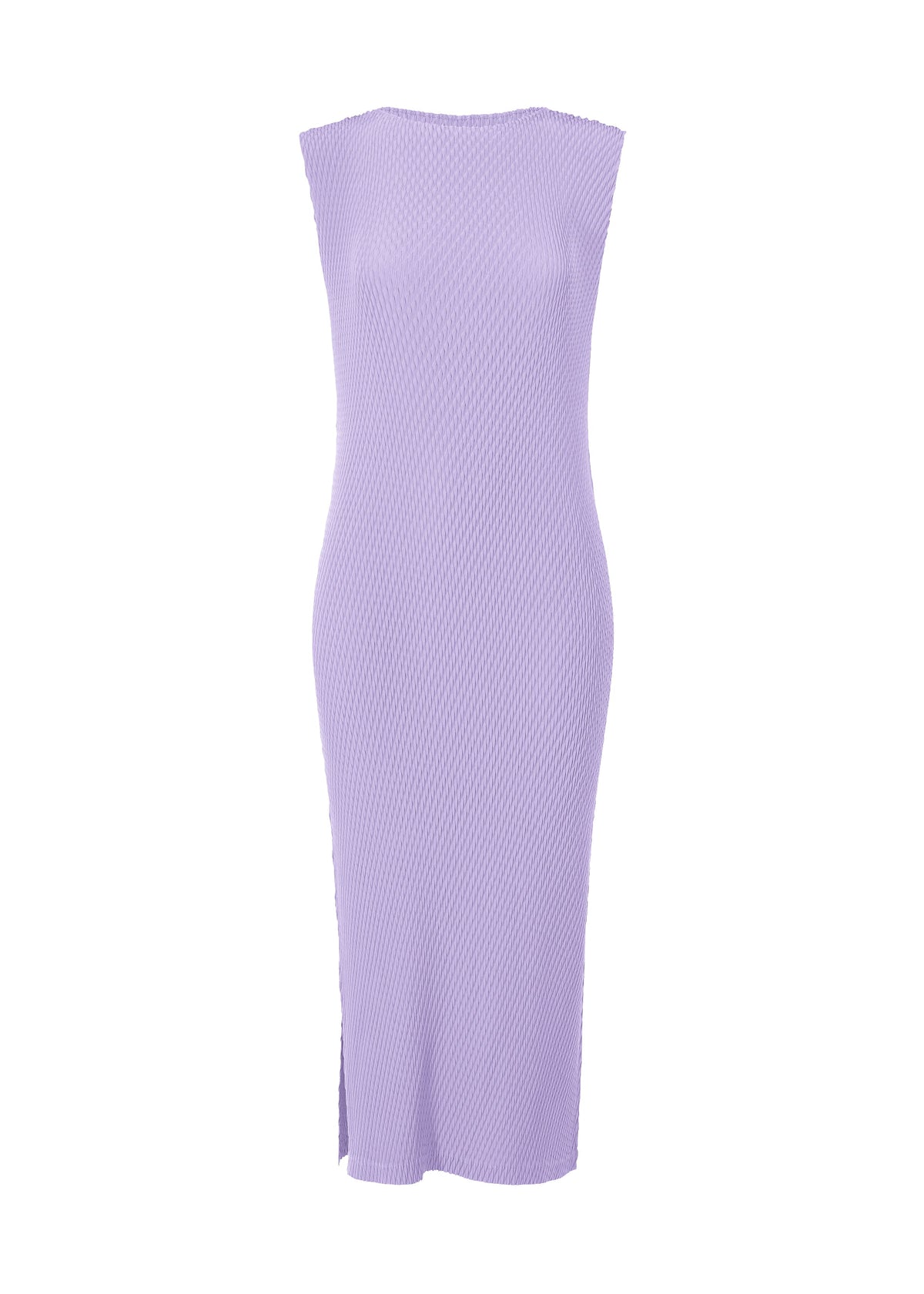 The RHOMBUS PLEATS by ISSEY MIYAKE is a sleeveless, light purple midi dress with a round neck, textured finish, sleek silhouette, and a subtle side slit near the hem. view 2 of 6