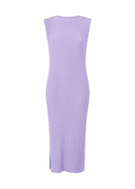 The RHOMBUS PLEATS by ISSEY MIYAKE is a sleeveless, light purple midi dress with a round neck, textured finish, sleek silhouette, and a subtle side slit near the hem. - PURPLE （no.81）