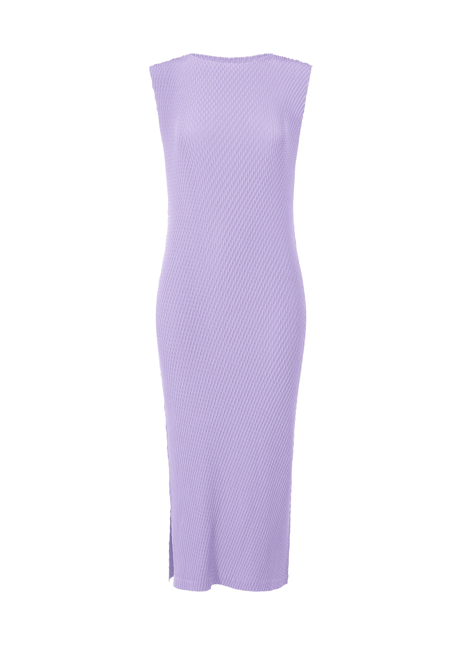 Zoomed view The RHOMBUS PLEATS by ISSEY MIYAKE is a sleeveless, light purple midi dress with a round neck, textured finish, sleek silhouette, and a subtle side slit near the hem. - PURPLE （no.81）