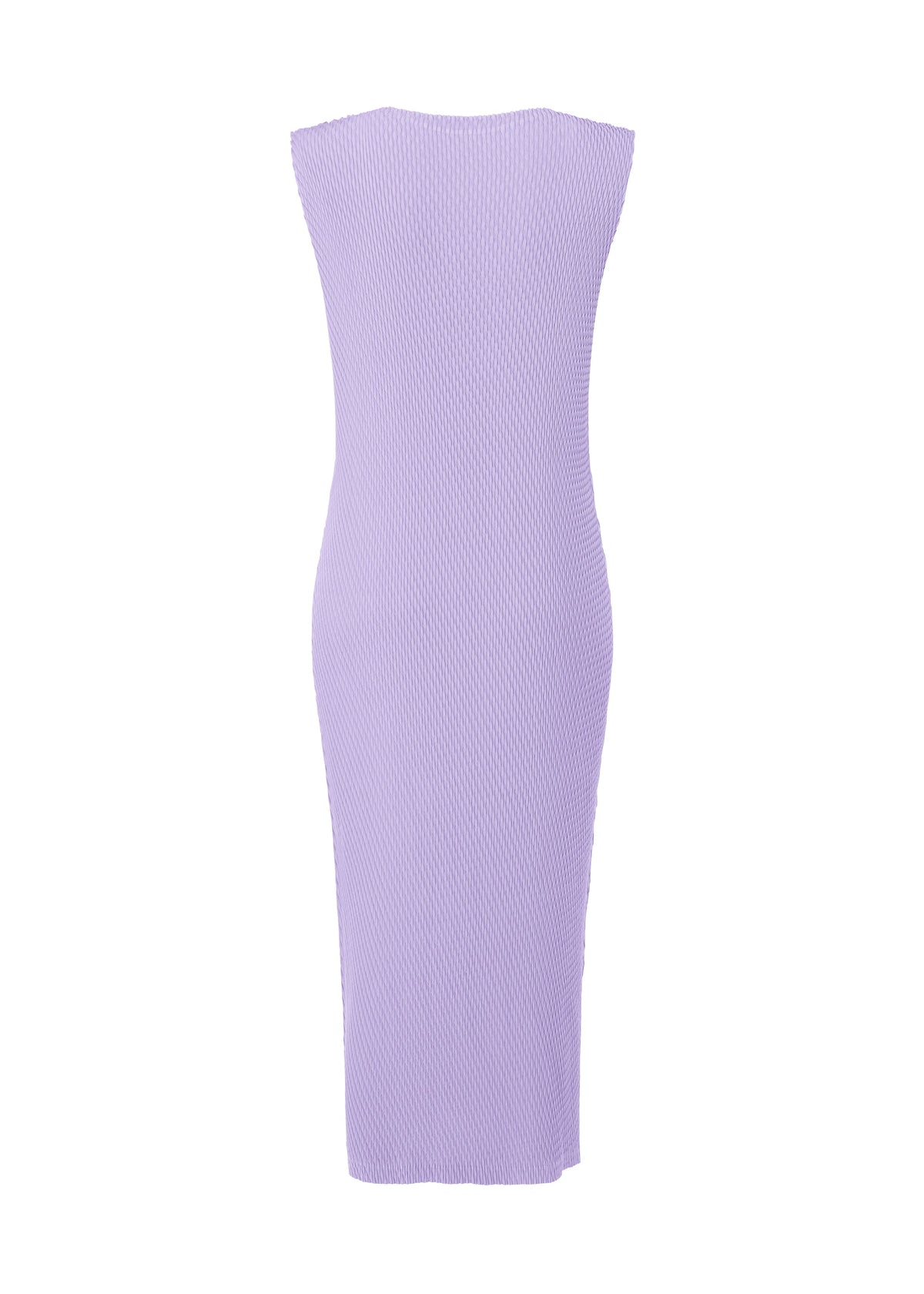 The RHOMBUS PLEATS dress by ISSEY MIYAKE is a sleeveless, knee-length piece in light purple with a textured finish, shown from the back. It features a sleek silhouette and straight neckline. view 3 of 6