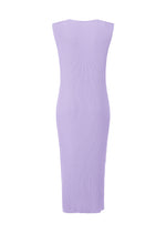 The RHOMBUS PLEATS dress by ISSEY MIYAKE is a sleeveless, knee-length piece in light purple with a textured finish, shown from the back. It features a sleek silhouette and straight neckline.