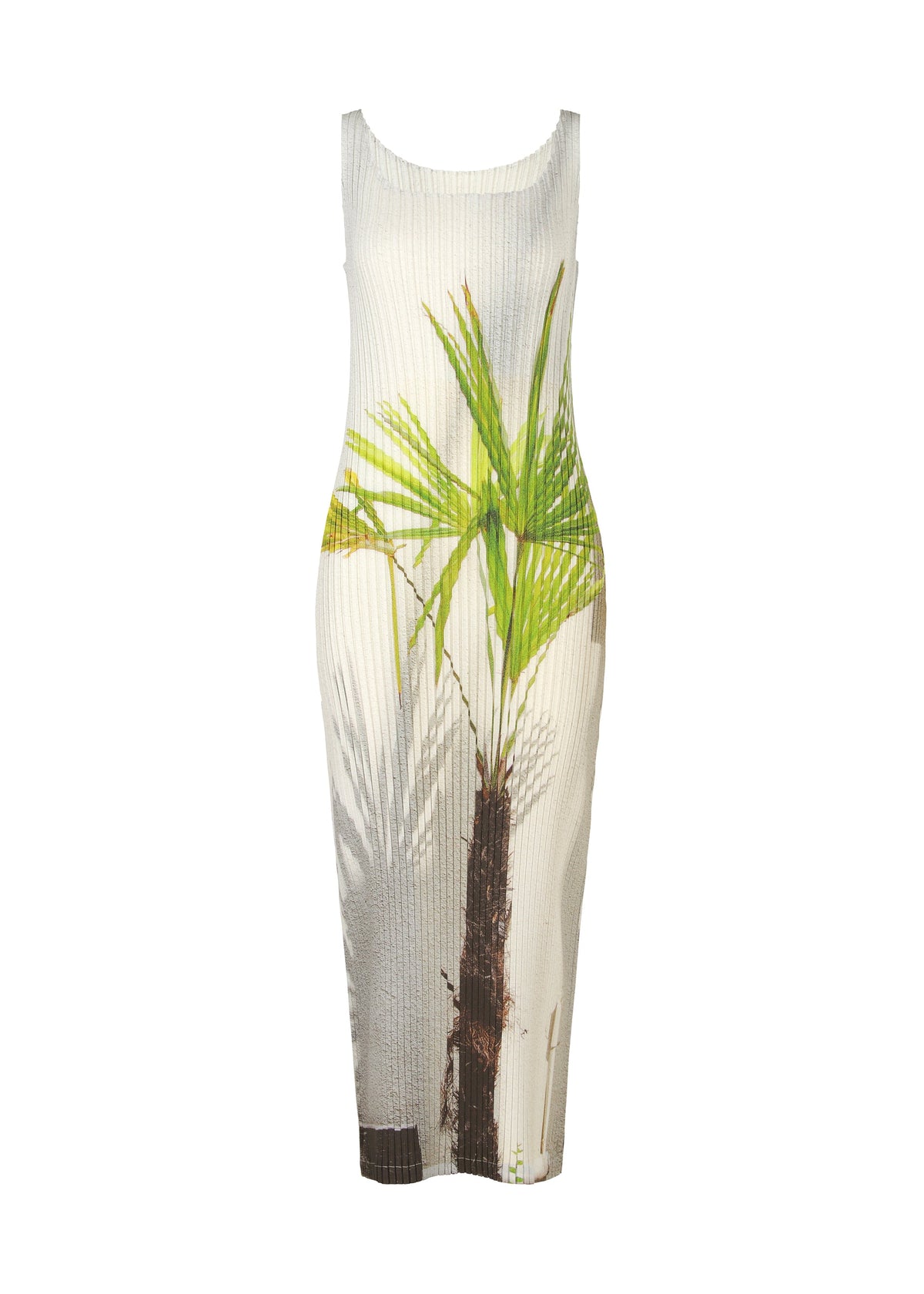 The ISSEY MIYAKE URBAN JUNGLE PLEATS dress is a sleeveless, ribbed white midi featuring a bold green palm and brown trunk jungle print running vertically from hem to bust. view 1 of 6