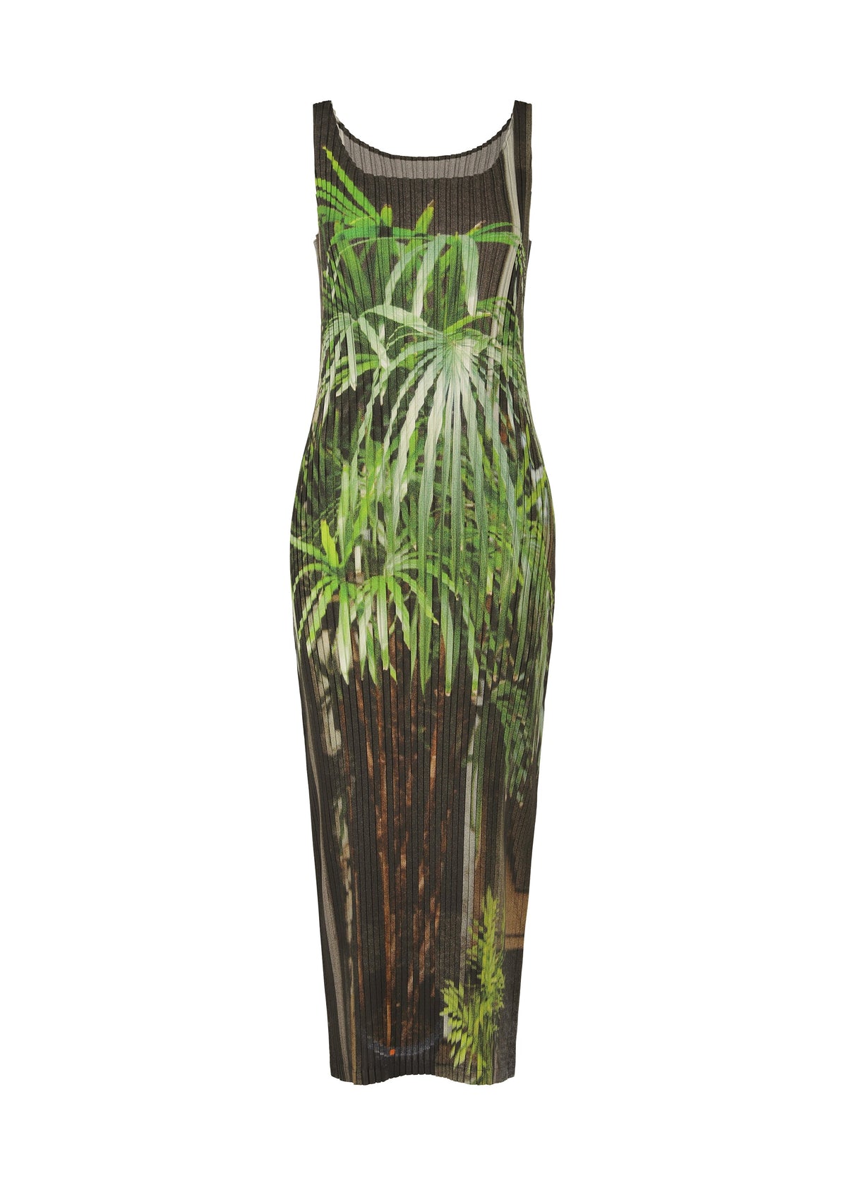 The URBAN JUNGLE PLEATS by ISSEY MIYAKE is a sleeveless, form-fitting midi dress with a vibrant green jungle print of palm leaves and tropical plants set against a dark background. view 2 of 6