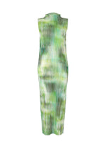 The OBSCURE PLEATS dress by ISSEY MIYAKE is a sleeveless, ankle-length piece with vertical ribbing, a green and white tie-dye pattern, high neckline, and fitted silhouette for a modern look. - GREEN-HUED (no.66)