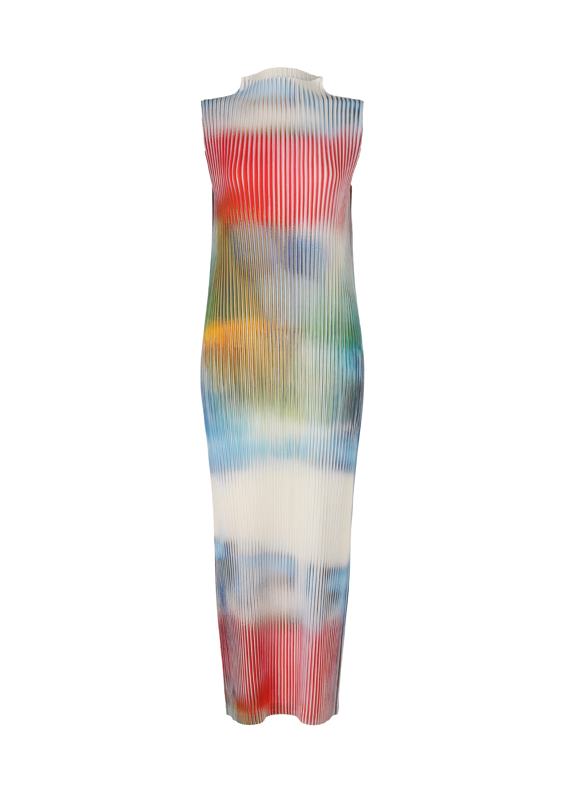 Zoomed view The OBSCURE PLEATS by ISSEY MIYAKE is a sleeveless, ankle-length pleated polyester dress with a high neckline and a vibrant red, blue, green, and yellow tie-dye pattern on white.